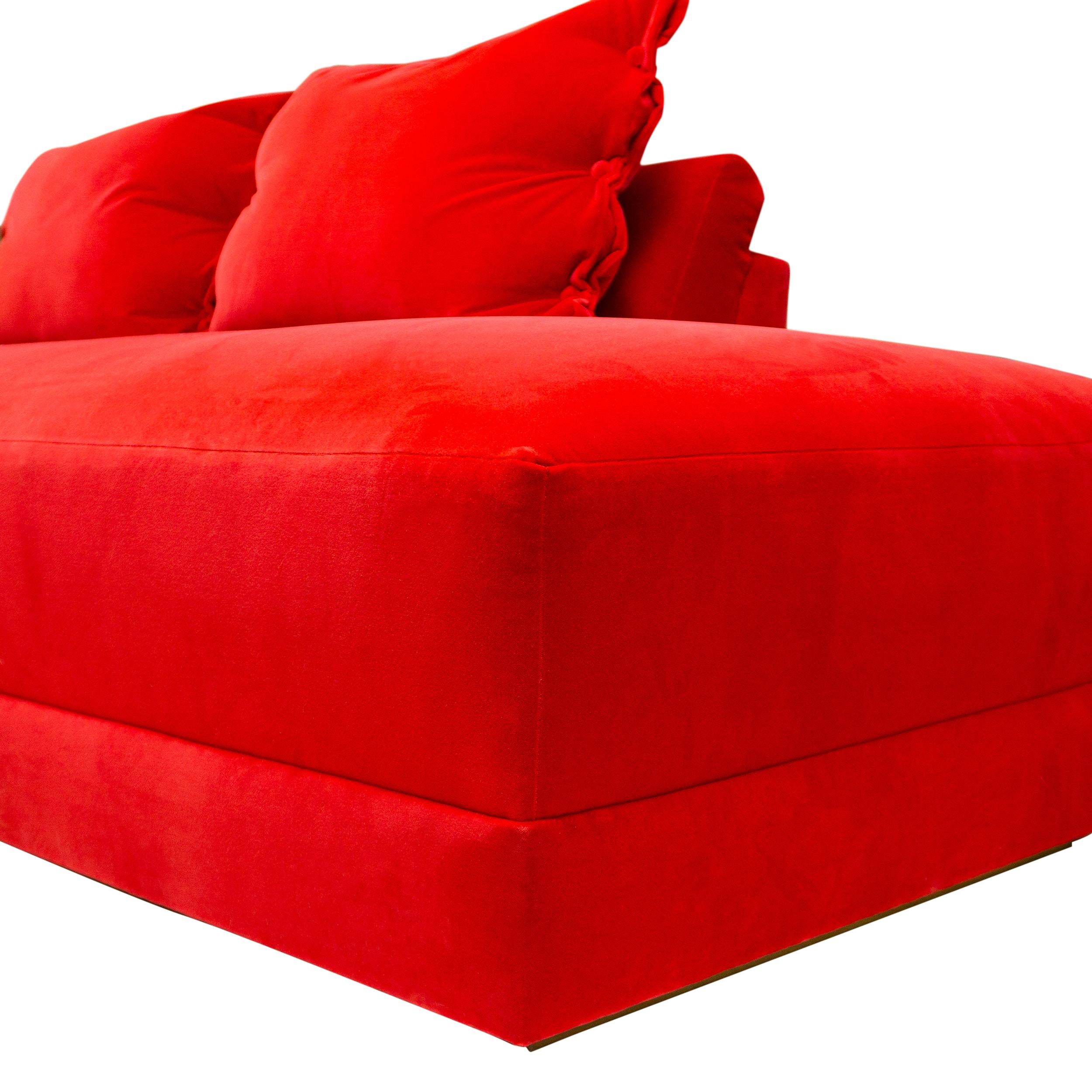 Modern L Sectional with Inside Curve, Button Pillows and Bright Red Velvet For Sale 14