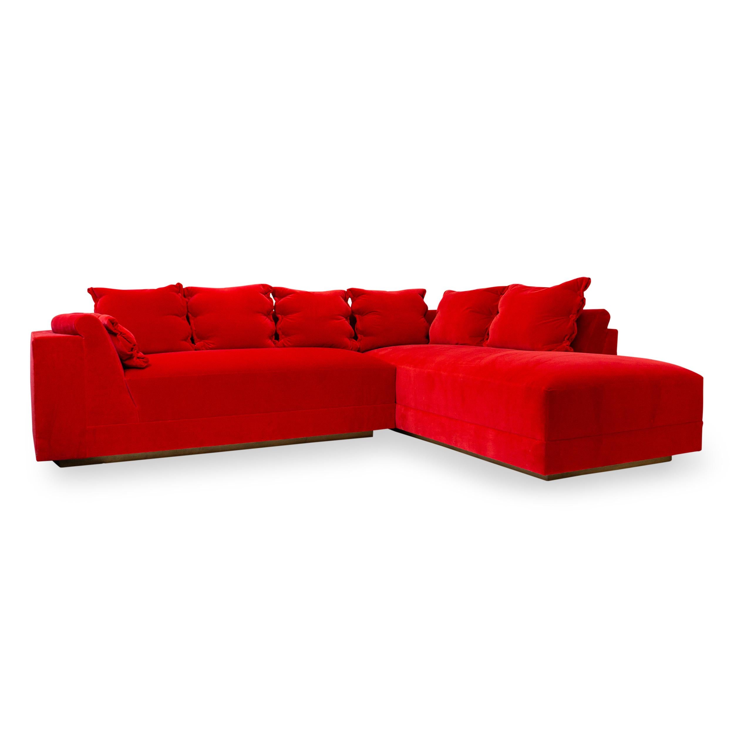 American Modern L Sectional with Inside Curve, Button Pillows and Bright Red Velvet For Sale