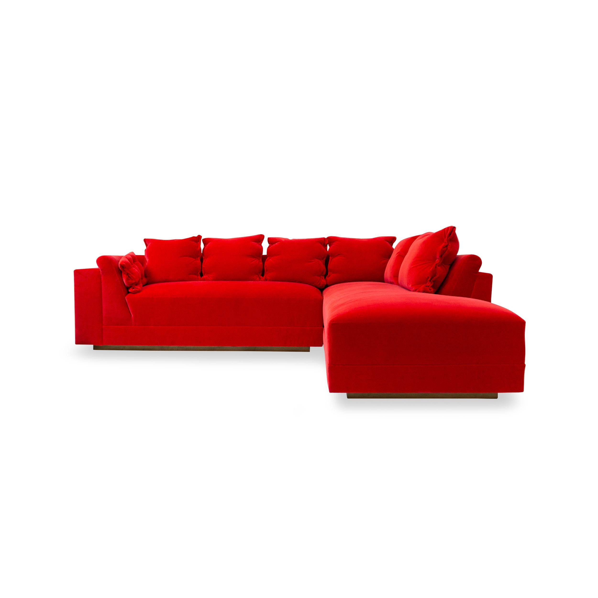 Hand-Crafted Modern L Sectional with Inside Curve, Button Pillows and Bright Red Velvet For Sale