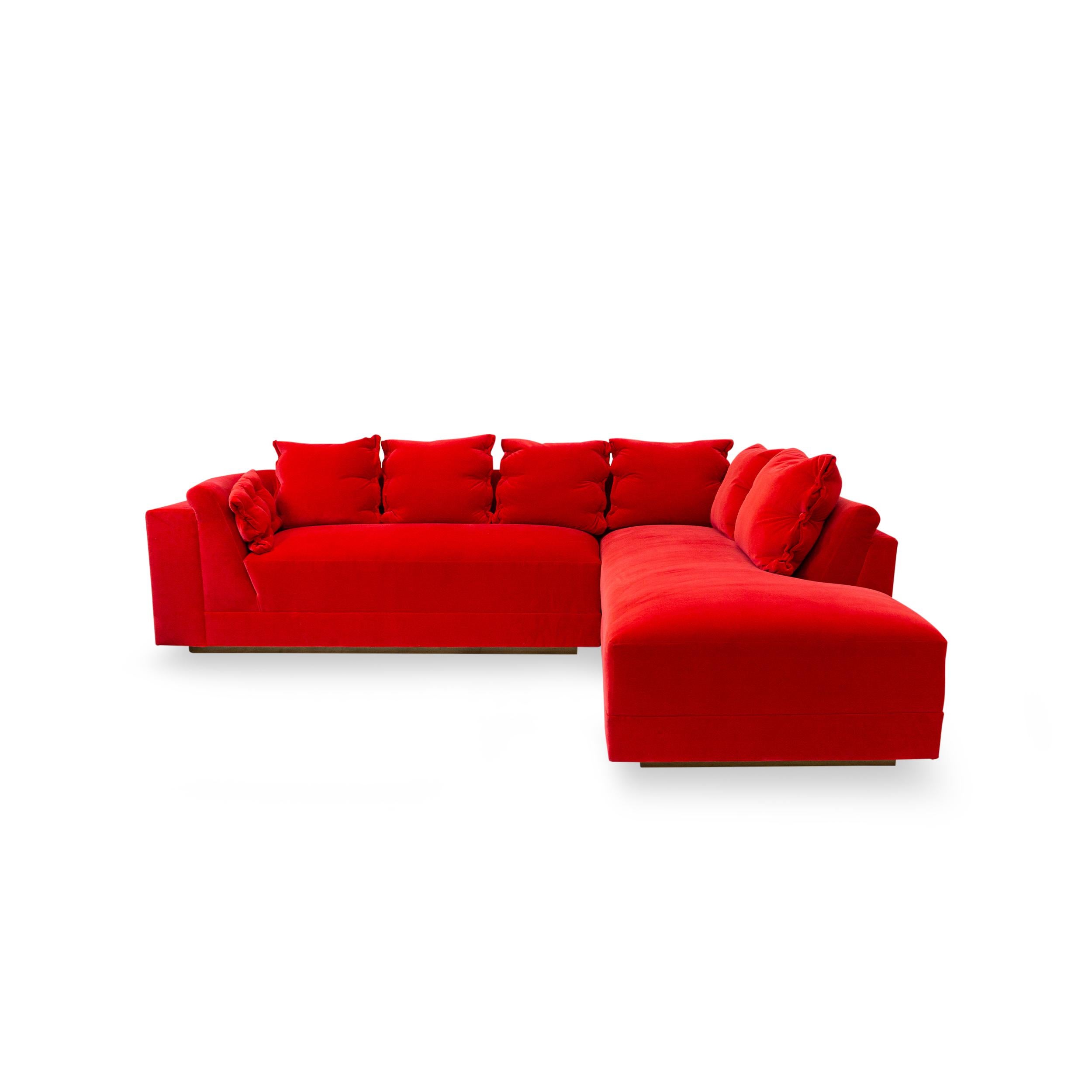 Modern L Sectional with Inside Curve, Button Pillows and Bright Red Velvet In New Condition For Sale In Greenwich, CT