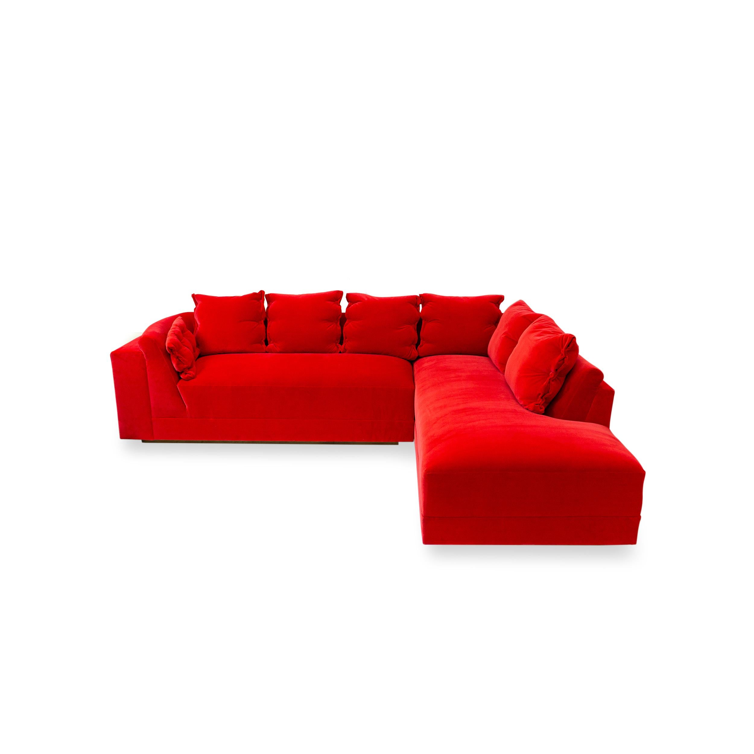 Contemporary Modern L Sectional with Inside Curve, Button Pillows and Bright Red Velvet For Sale