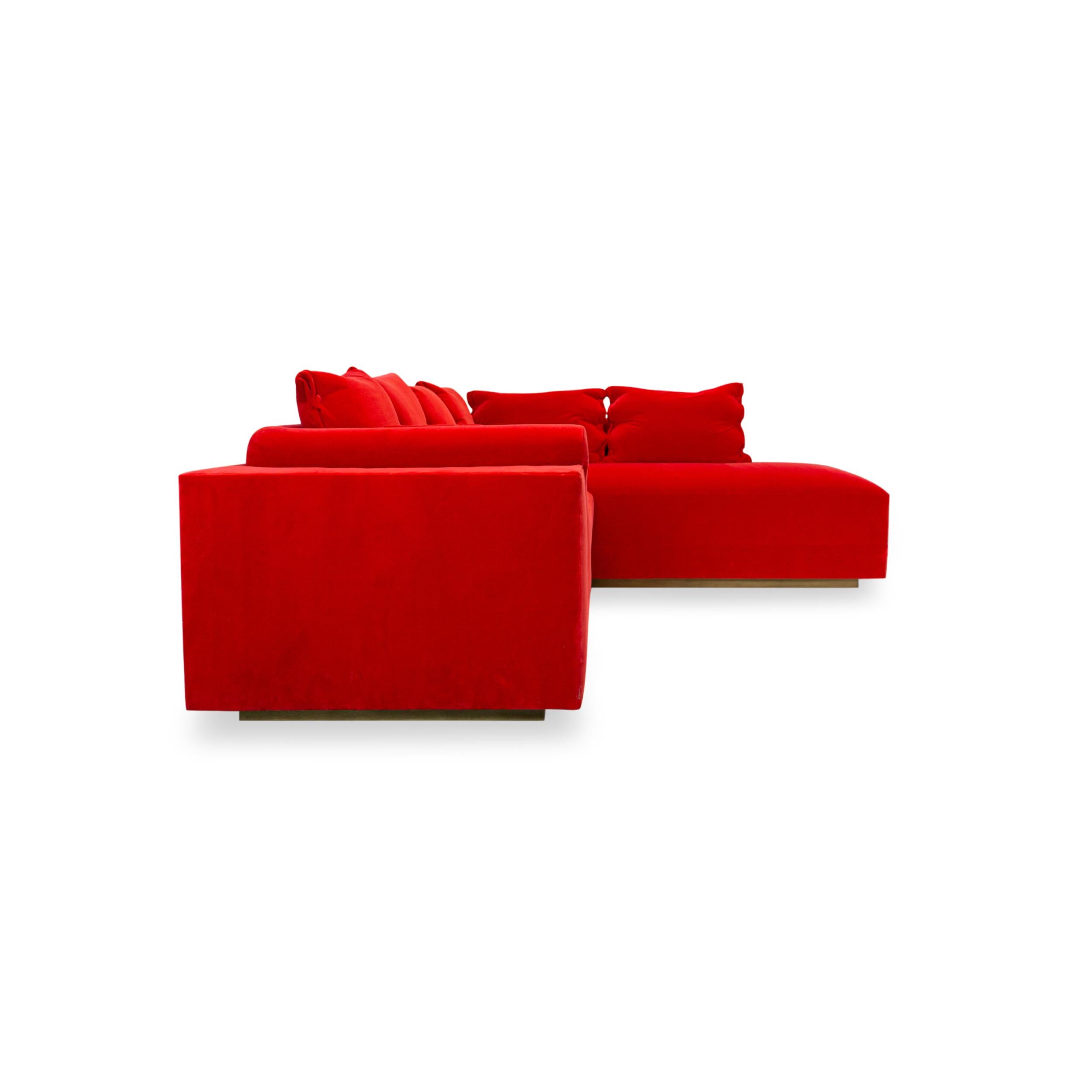 Modern L Sectional with Inside Curve, Button Pillows and Bright Red Velvet For Sale 1