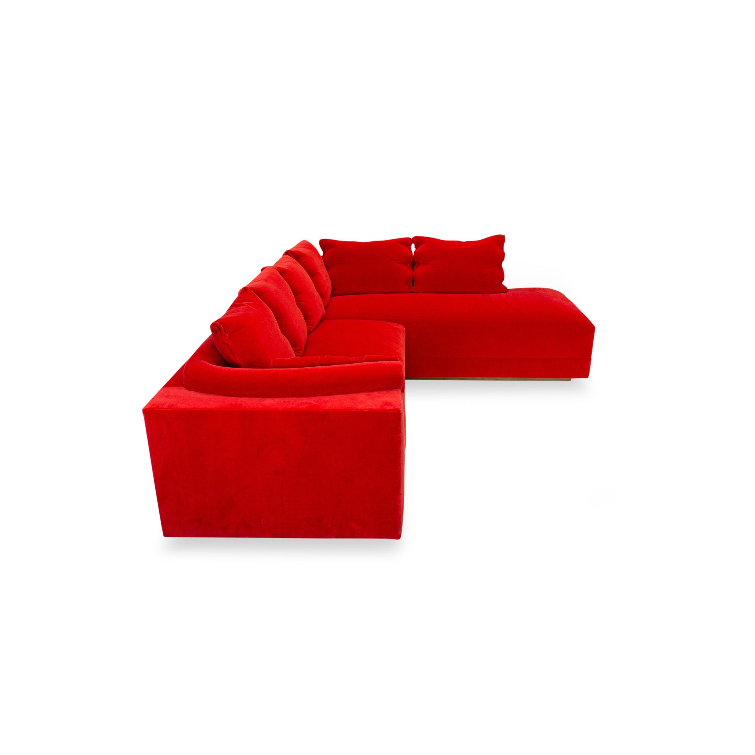 Modern L Sectional with Inside Curve, Button Pillows and Bright Red Velvet For Sale 2