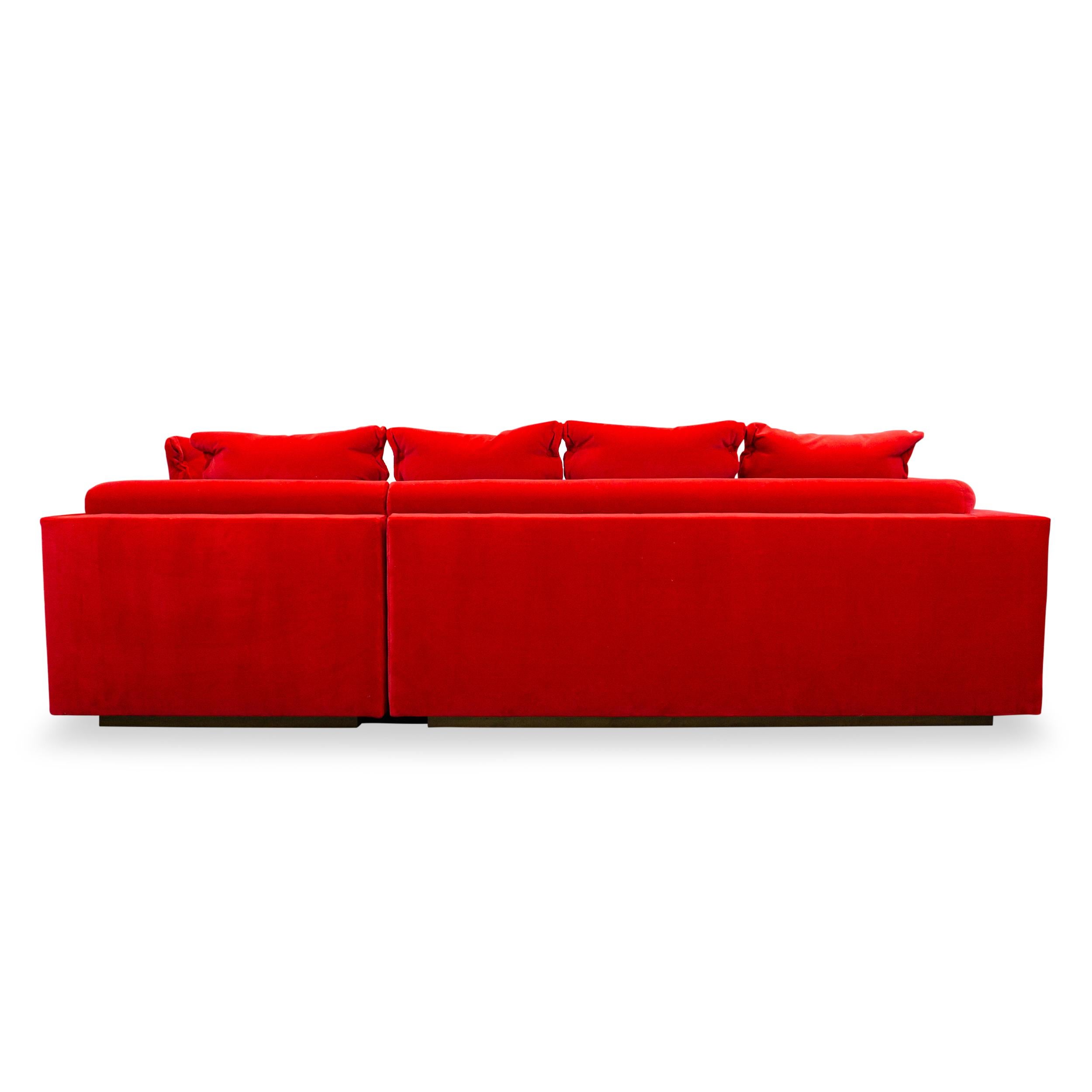 Modern L Sectional with Inside Curve, Button Pillows and Bright Red Velvet For Sale 3