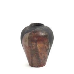 Modern LAAB Hydria Vase Raku Ceramic Black Burnt Metal Red Copper