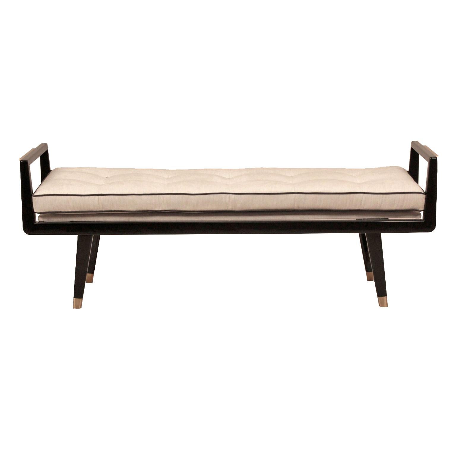 Hand-Crafted Modern Lacquer Bench with Brass Detailing and Tufted Seat For Sale