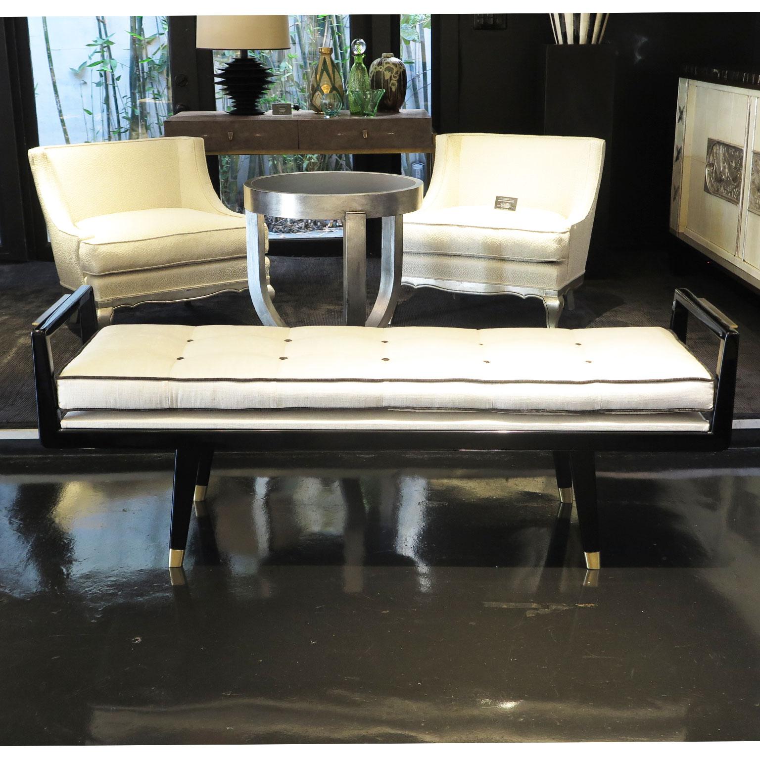 Modern Lacquer Bench with Brass Detailing and Tufted Seat In New Condition For Sale In Los Angeles, CA