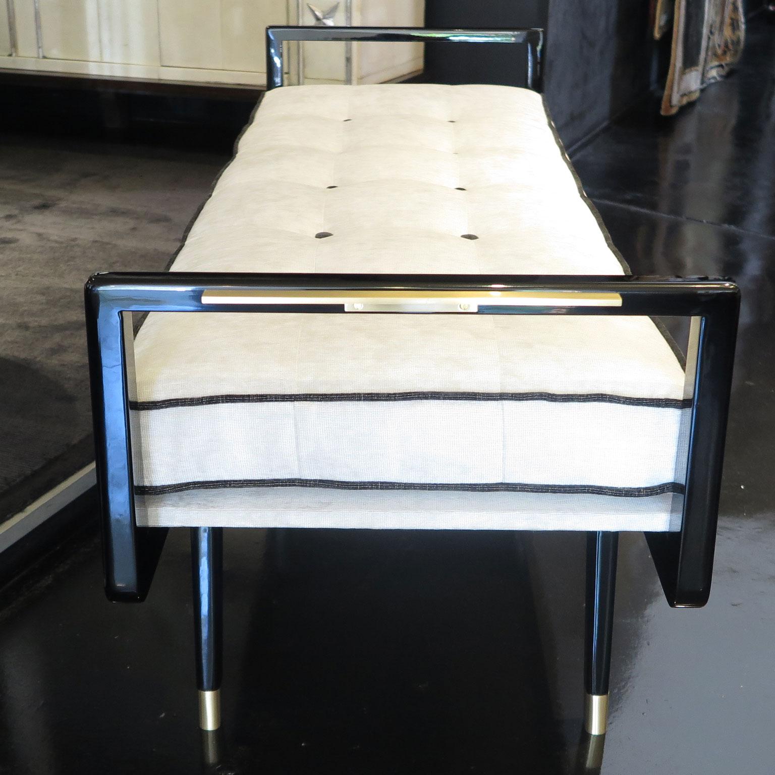 Contemporary Modern Lacquer Bench with Brass Detailing and Tufted Seat For Sale