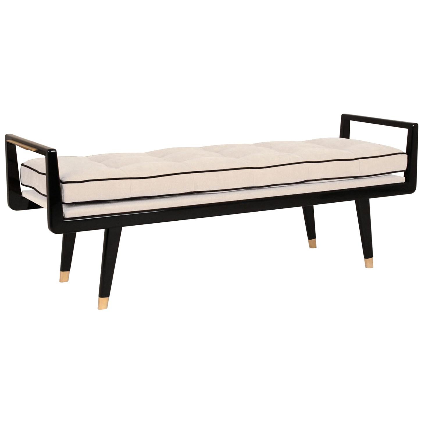 Modern Lacquer Bench with Brass Detailing and Tufted Seat For Sale