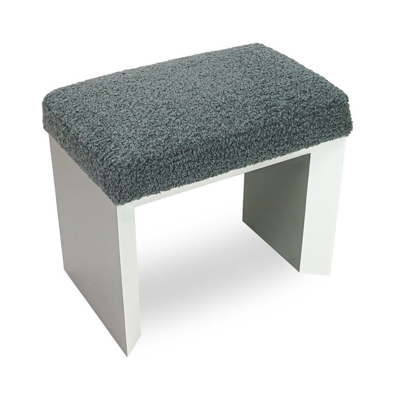 Modern Lacquered Beveled Small Bench Upholstered in Grey Boucle Fabric