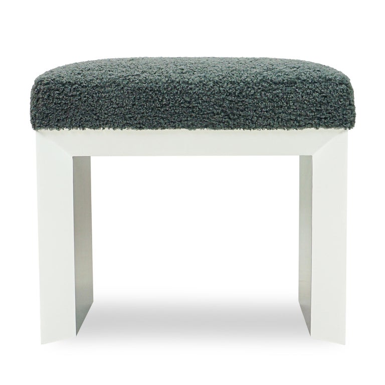 Modern Lacquered Beveled Small Bench Upholstered in Grey Boucle Fabric