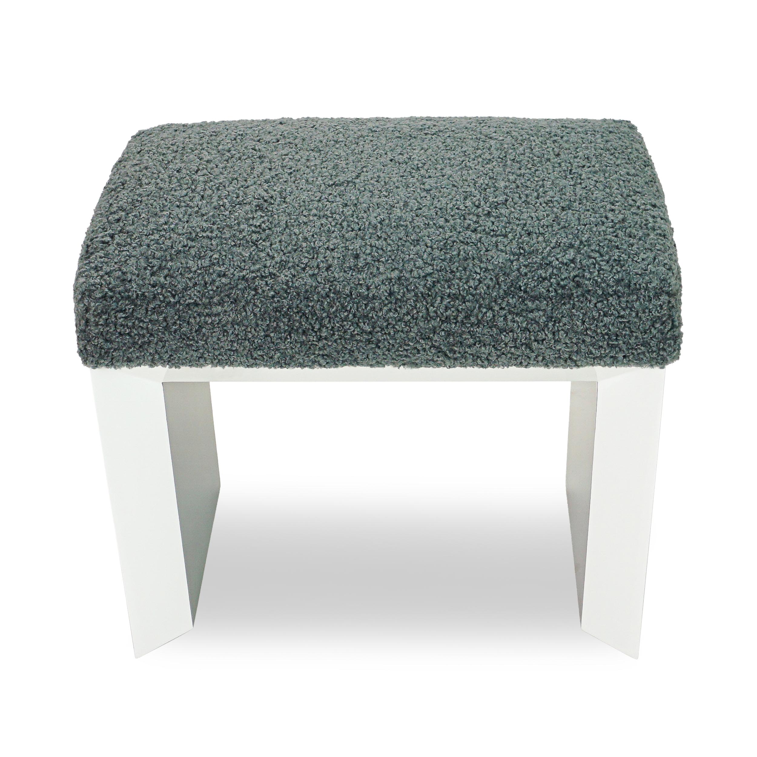 American Modern Lacquered Beveled Small Bench Upholstered in Grey Boucle Fabric For Sale
