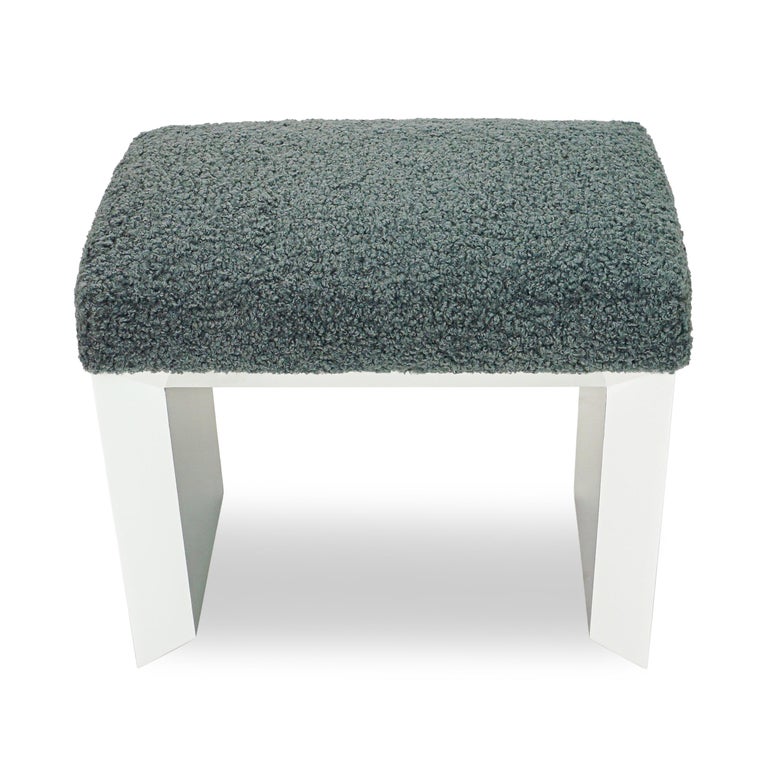 Modern Lacquered Beveled Small Bench Upholstered in Grey Boucle Fabric