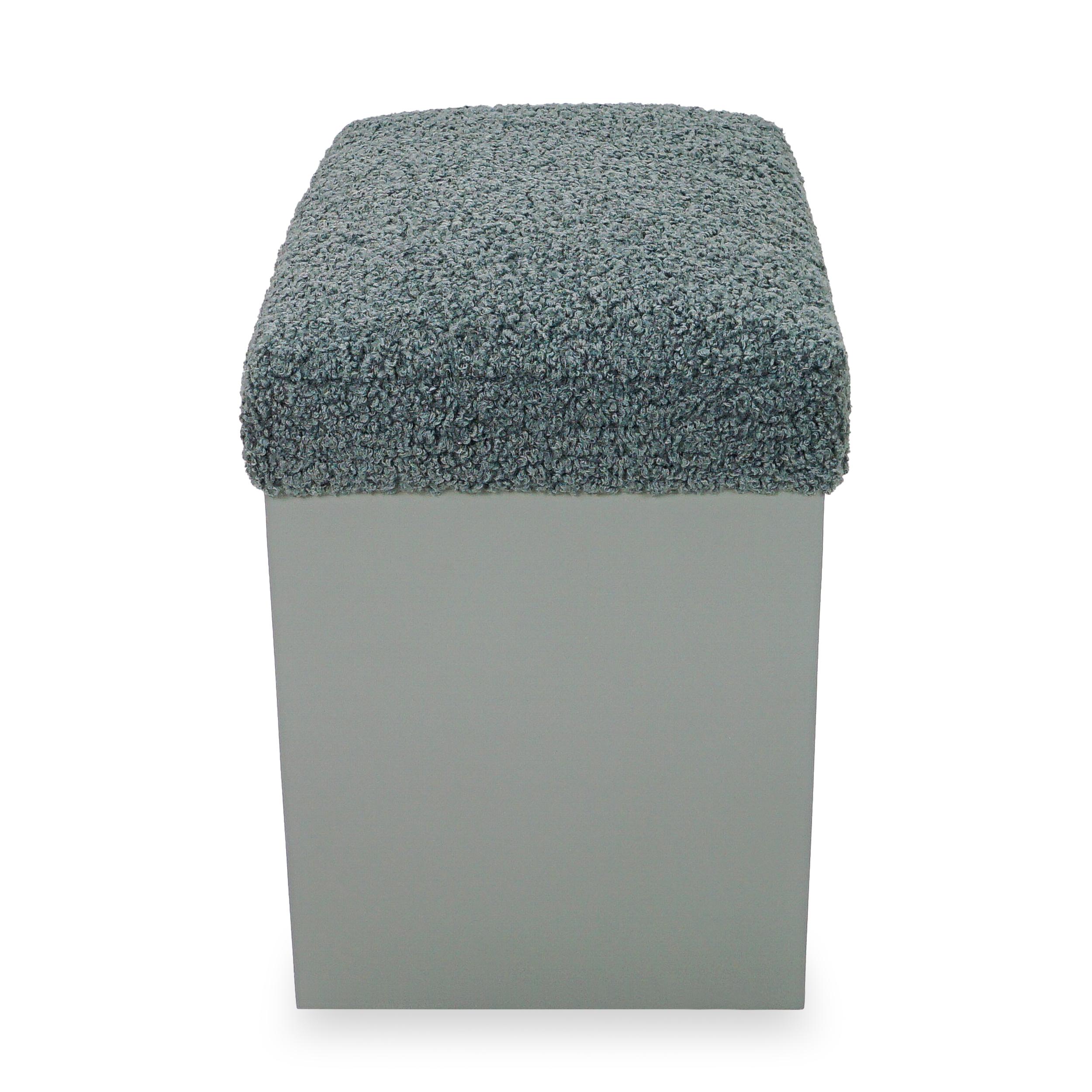 Contemporary Modern Lacquered Beveled Small Bench Upholstered in Grey Boucle Fabric For Sale