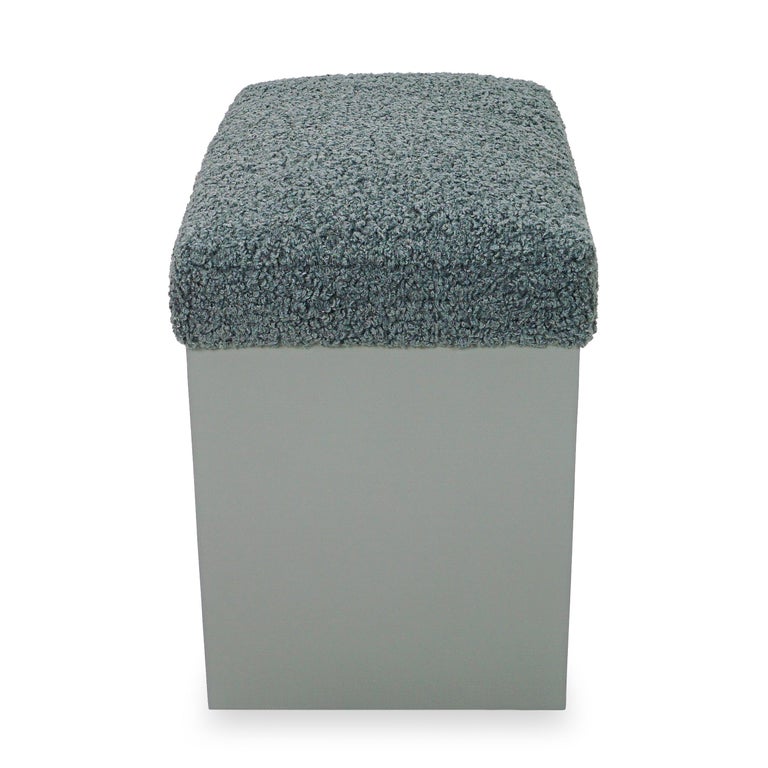 Modern Lacquered Beveled Small Bench Upholstered in Grey Boucle Fabric