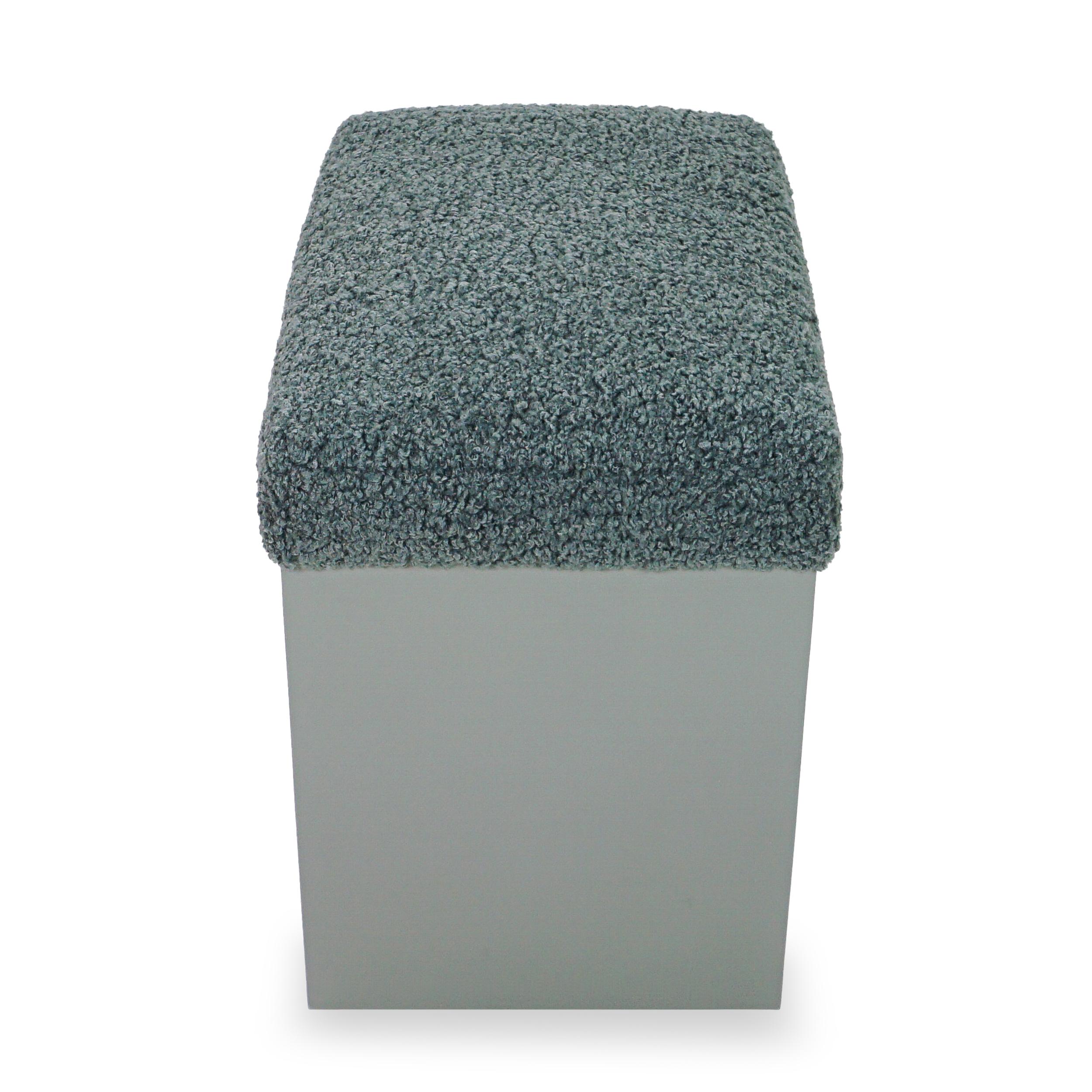 Contemporary Modern Lacquered Beveled Small Bench Upholstered in Grey Boucle Fabric For Sale