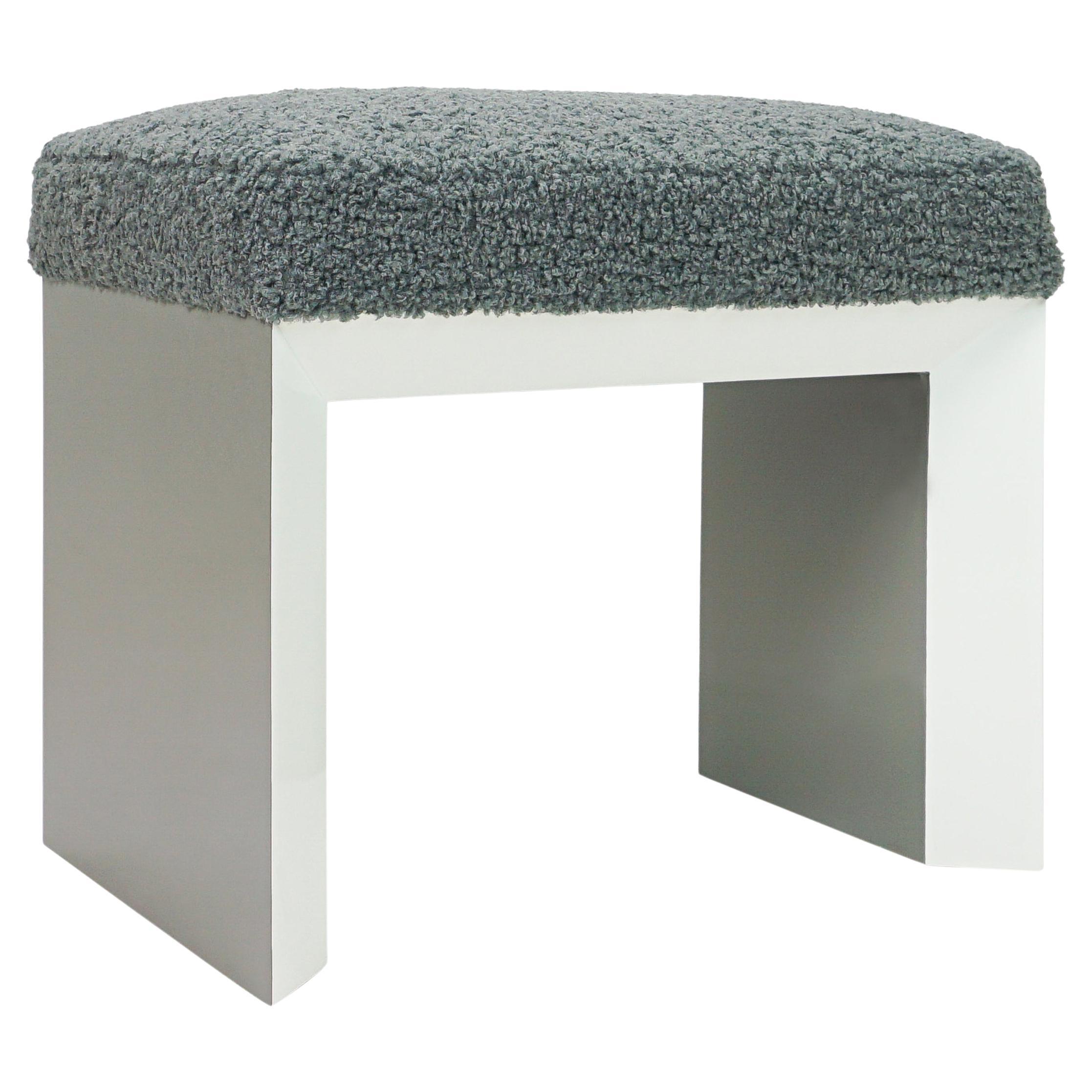 Modern Lacquered Beveled Small Bench Upholstered in Grey Boucle Fabric