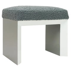 Modern Lacquered Beveled Small Bench Upholstered in Grey Boucle Fabric