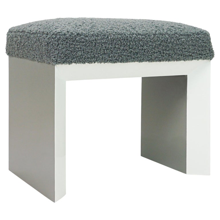 Modern Lacquered Beveled Small Bench Upholstered in Grey Boucle Fabric