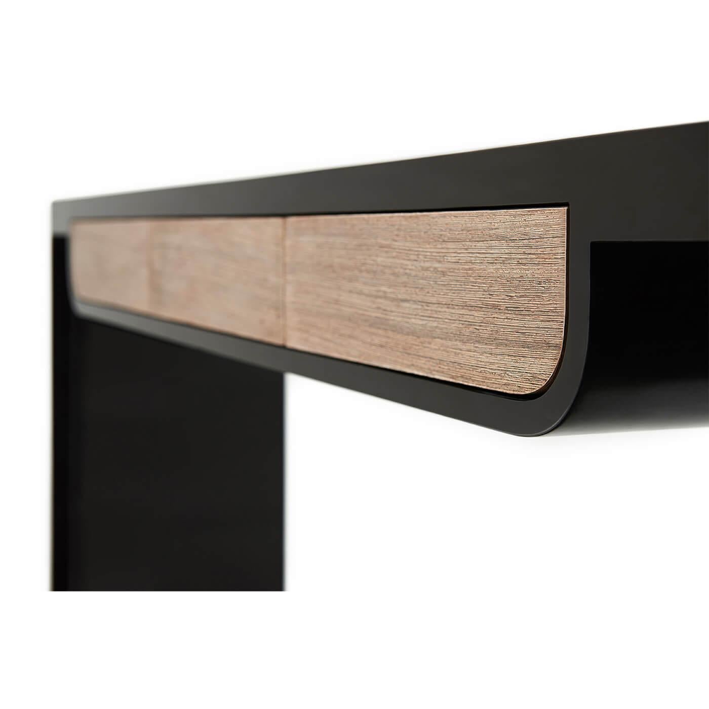 Modern lacquered three-drawer console with three brushed wenge veneered self-closing drawers.
Dimensions: 66