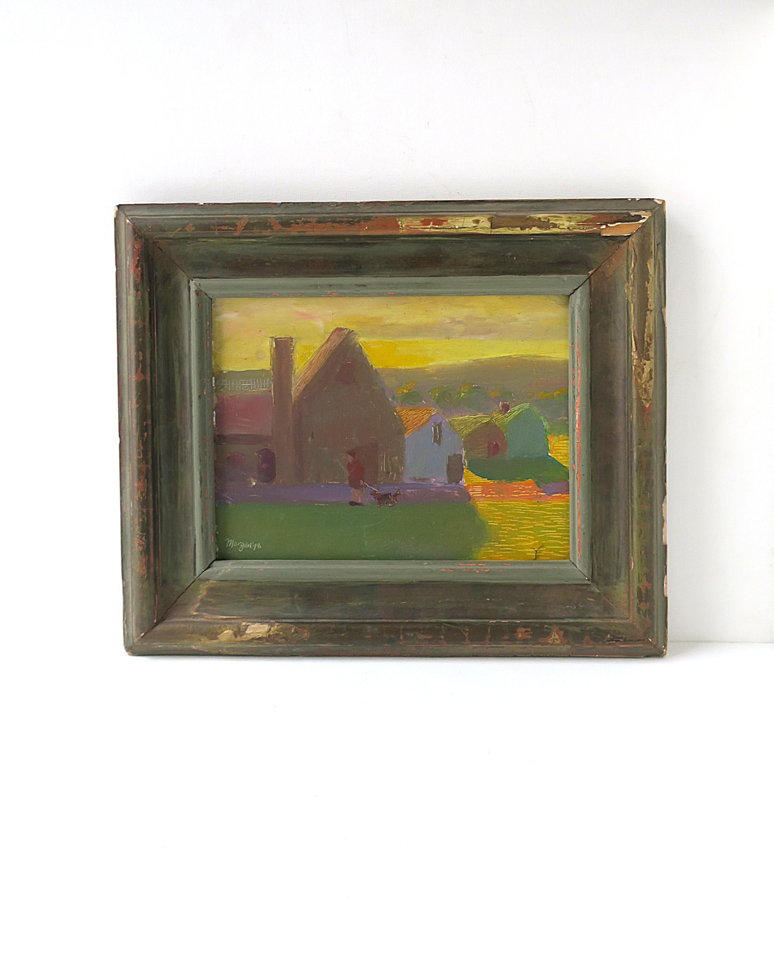 Quadro di paesaggio moderno con uomo e cane, firmato dall'artista, 1978. Dipinto, in acrilico o a olio, raffigurante una scena di paesaggio moderno con un prato soffice, un cielo luminoso e un quartiere simile a una fattoria, con una persona che