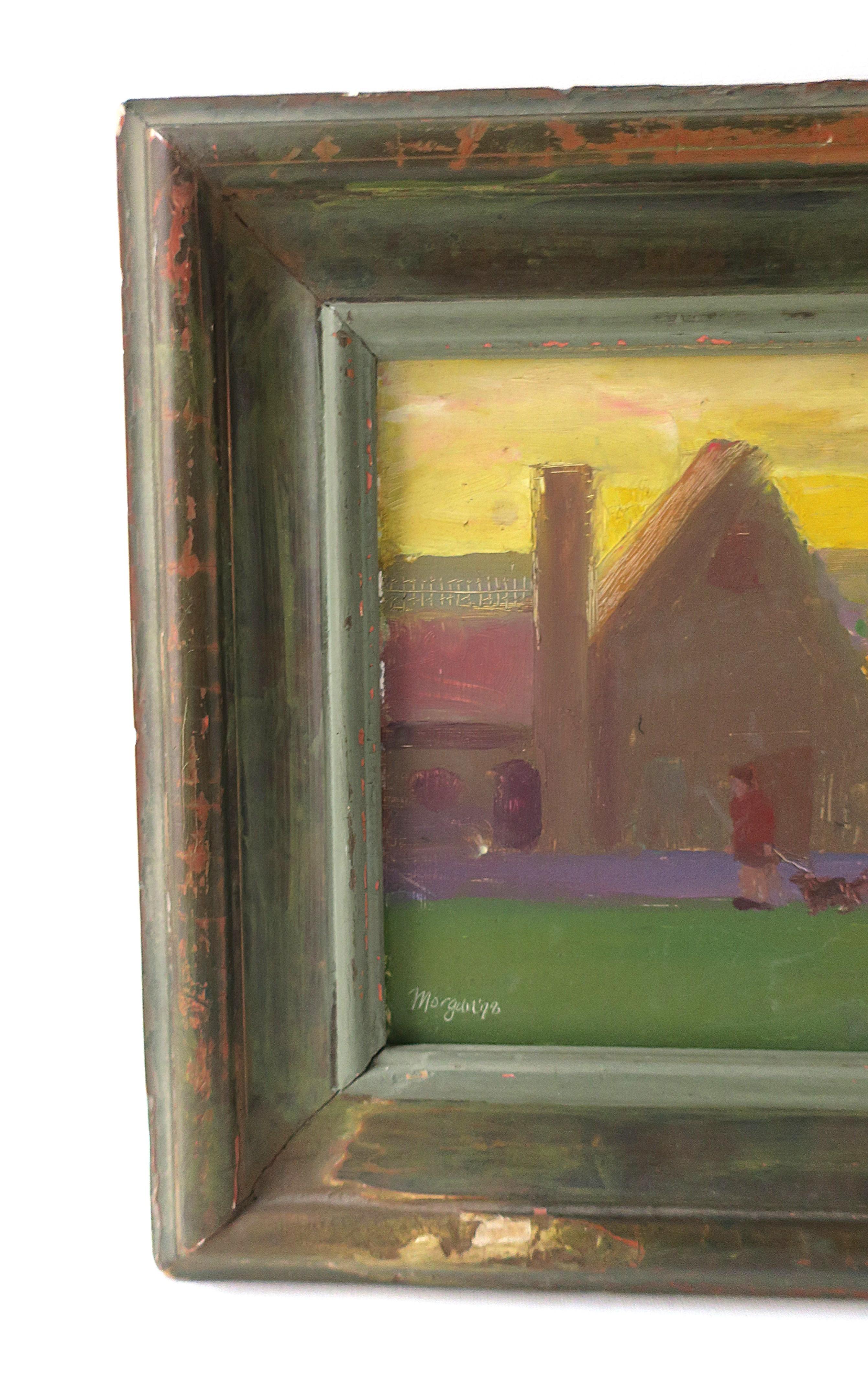 Dipinto a mano Quadro di paesaggio moderno con cane, 1978 in vendita