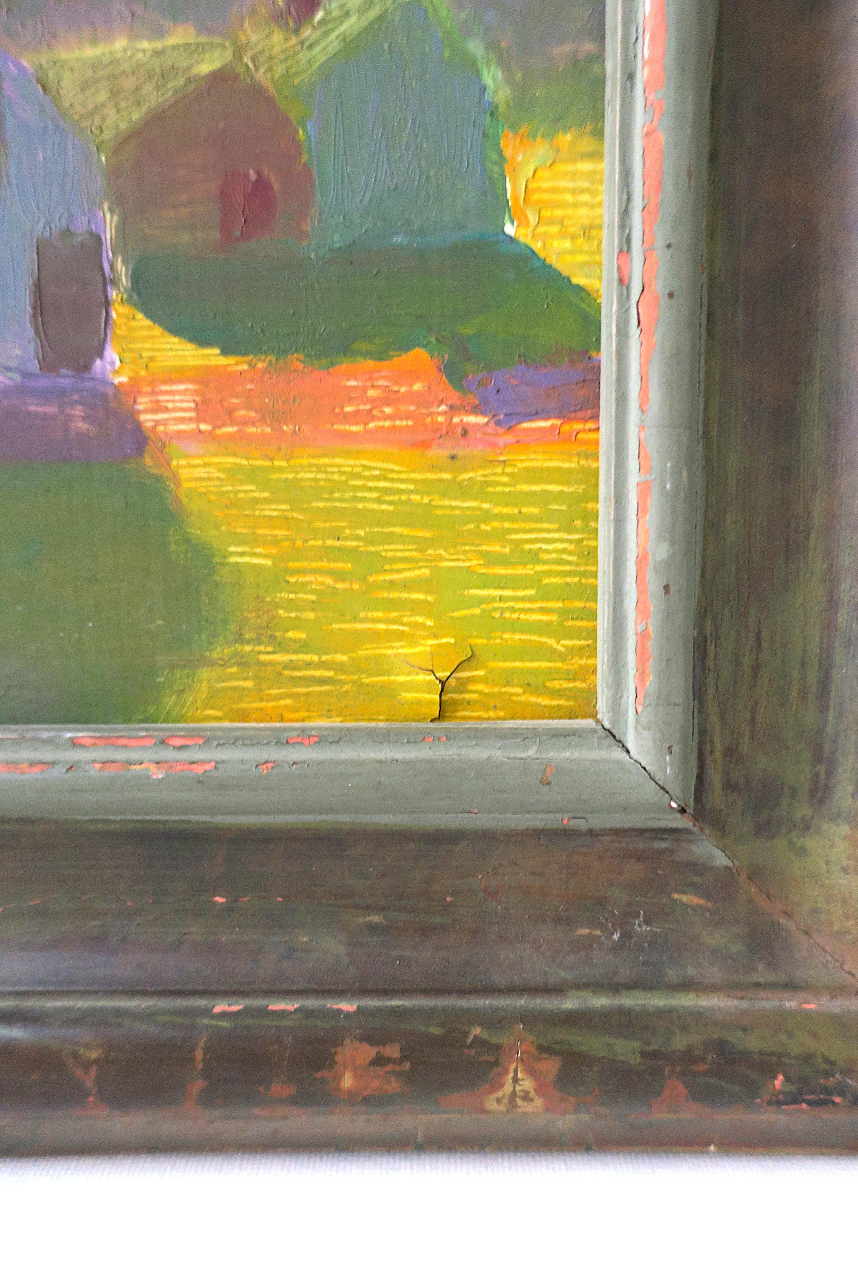 Legno Quadro di paesaggio moderno con cane, 1978 in vendita