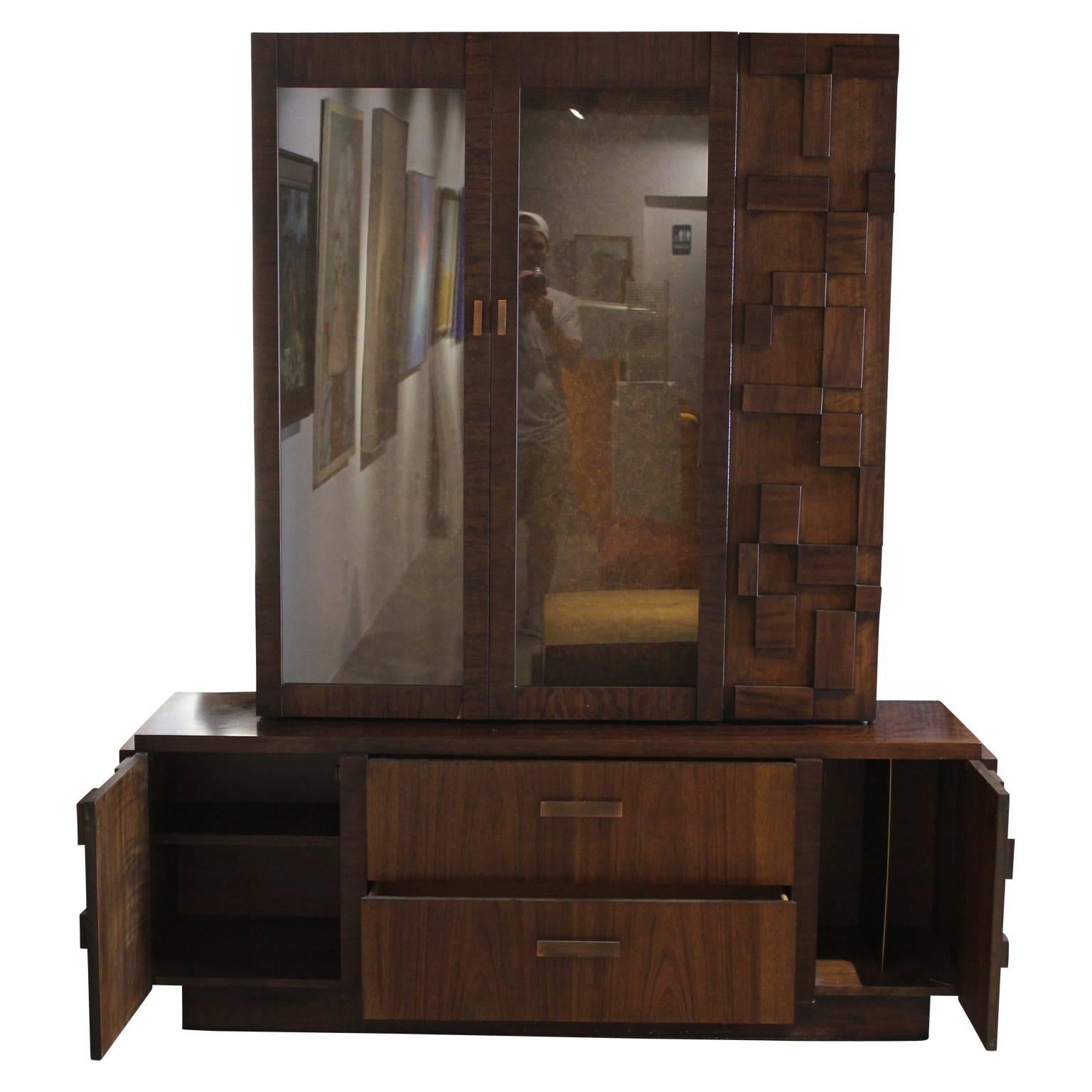 Modern Lane brutalist hutch or cabinet made from walnut in the style of Paul Evans. Accessorized with copper handles. Comes with three glass shelves and features two drawers on the bottom.