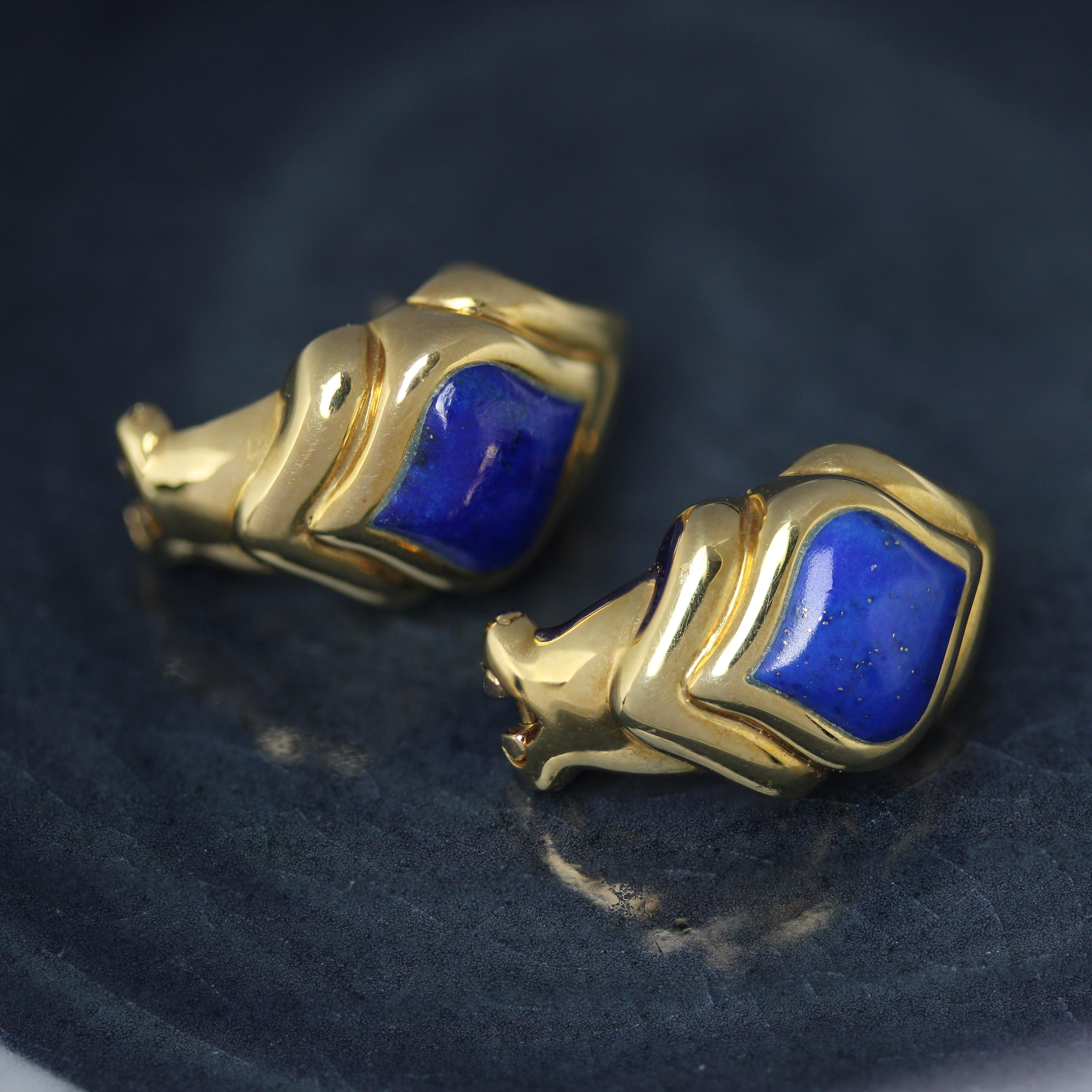Clous d'oreilles modernes en or jaune 18 carats et lapis-lazuli Pour femmes en vente