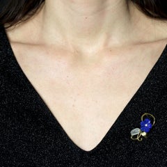 Modern Lapis Lazuli Cultured Pearl Rock Crystal 18 K Yellow Gold Flower Brooch