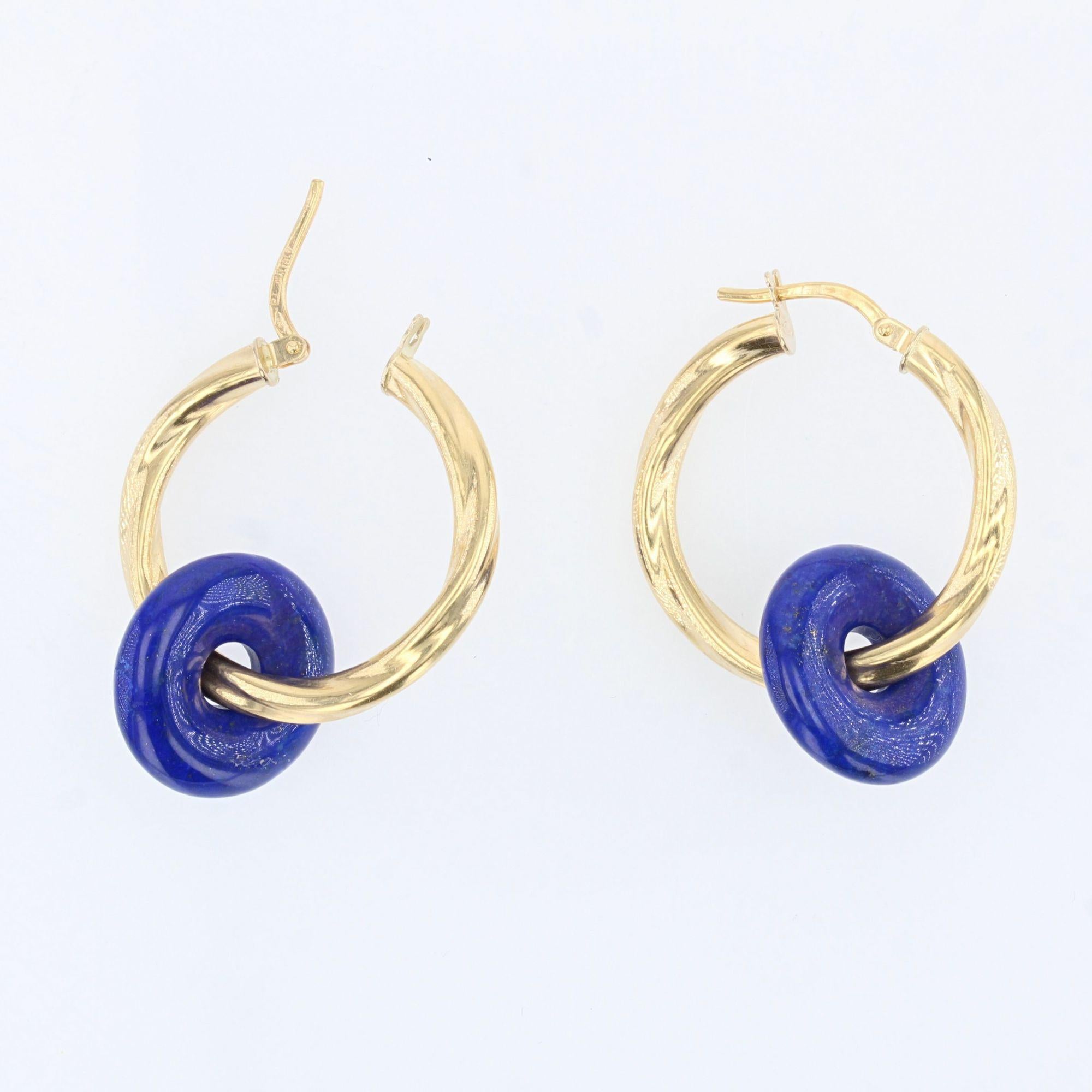 Women's Modern Lapis Lazuli Discs 18 Karat Yellow Gold Hoop Earrings