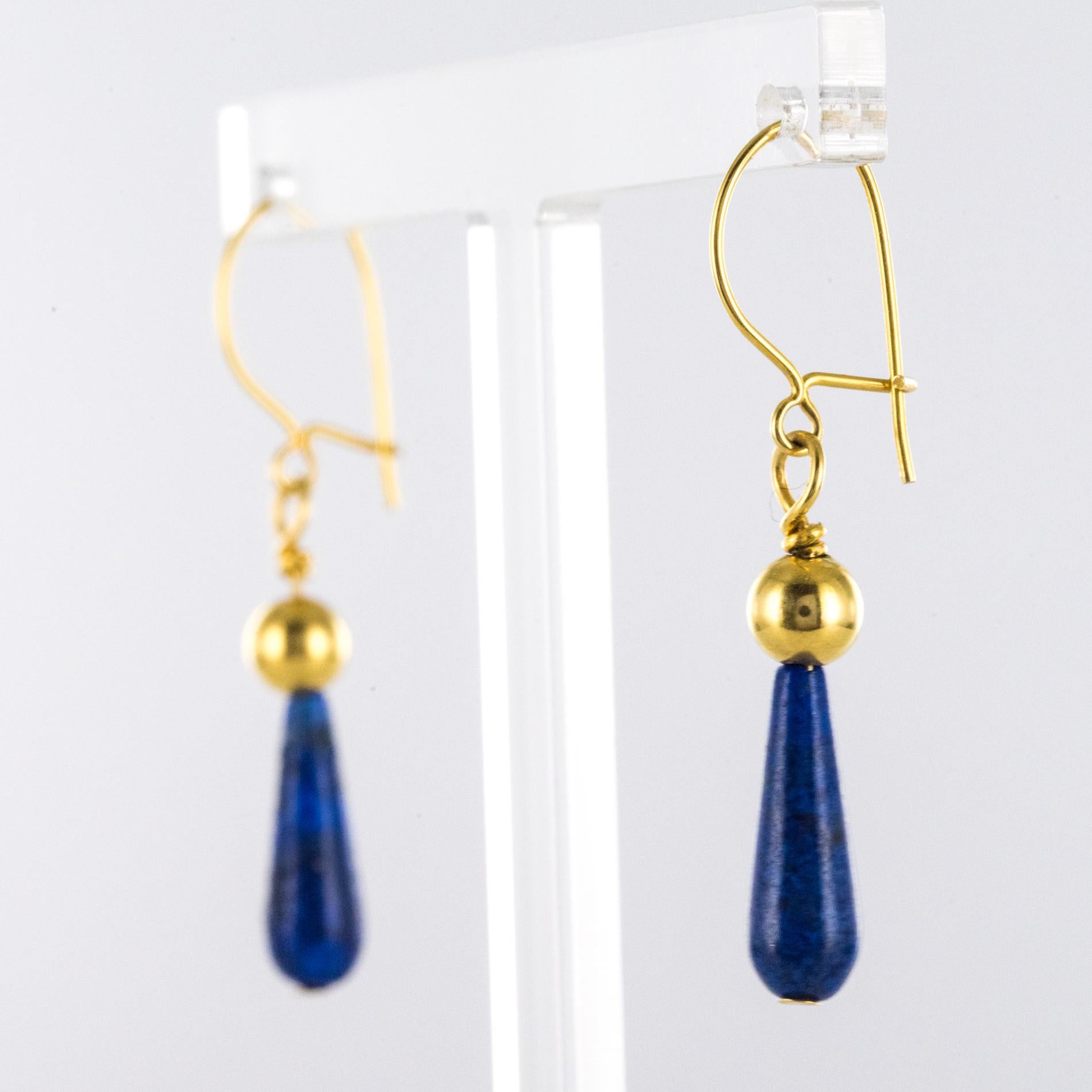 French Cut Modern Lapis Lazuli Drop 18 Karat Yellow Gold Pearl Earrings