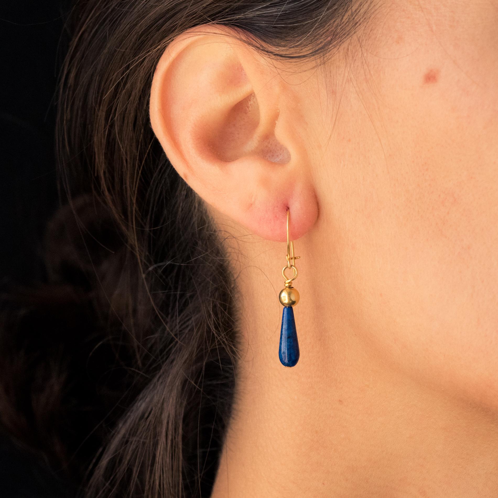 Modern Lapis Lazuli Drop 18 Karat Yellow Gold Pearl Earrings In Good Condition In Poitiers, FR