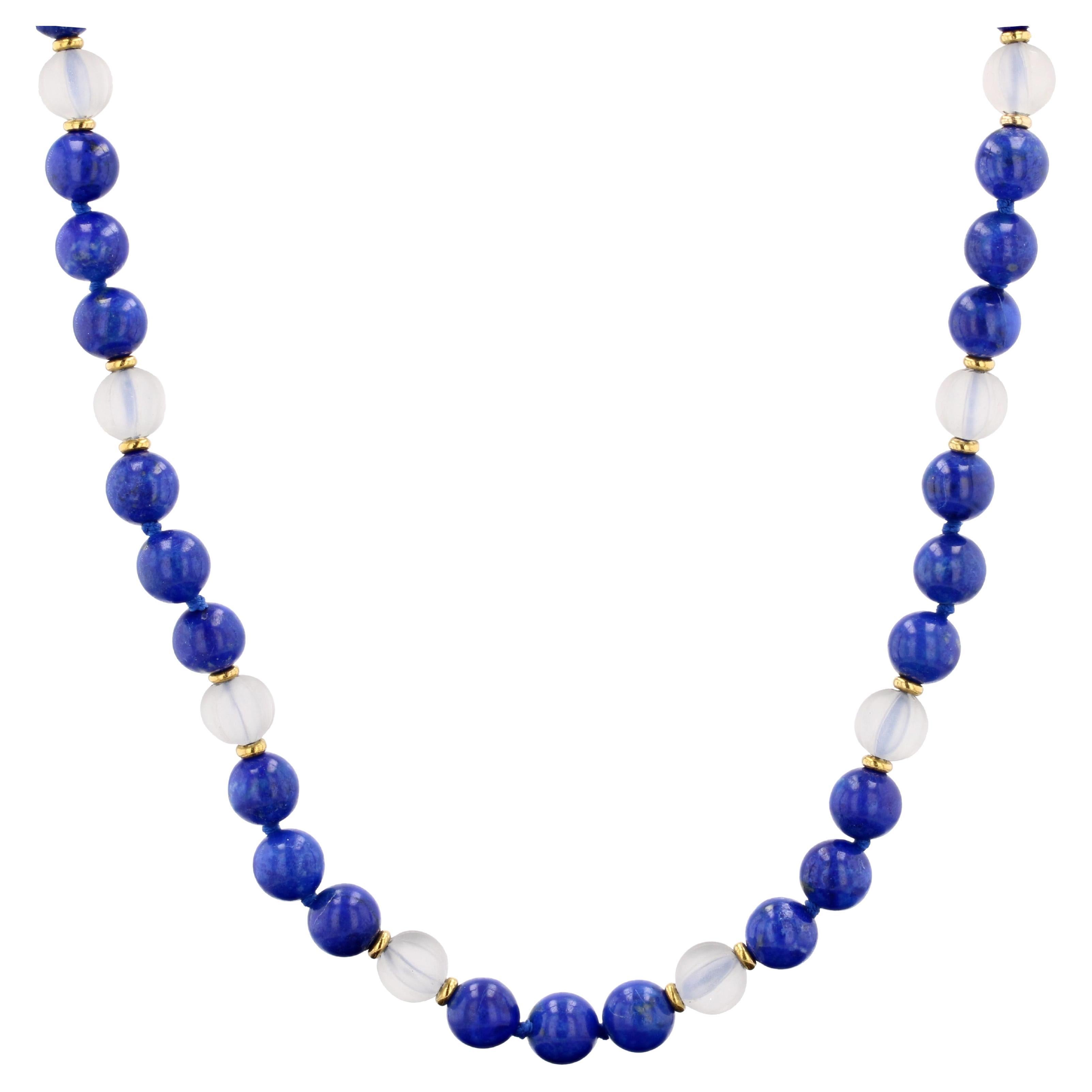 Modern Lapis Lazuli Polished Quartz Beads 18 Karat Yellow Gold Clasp Necklace