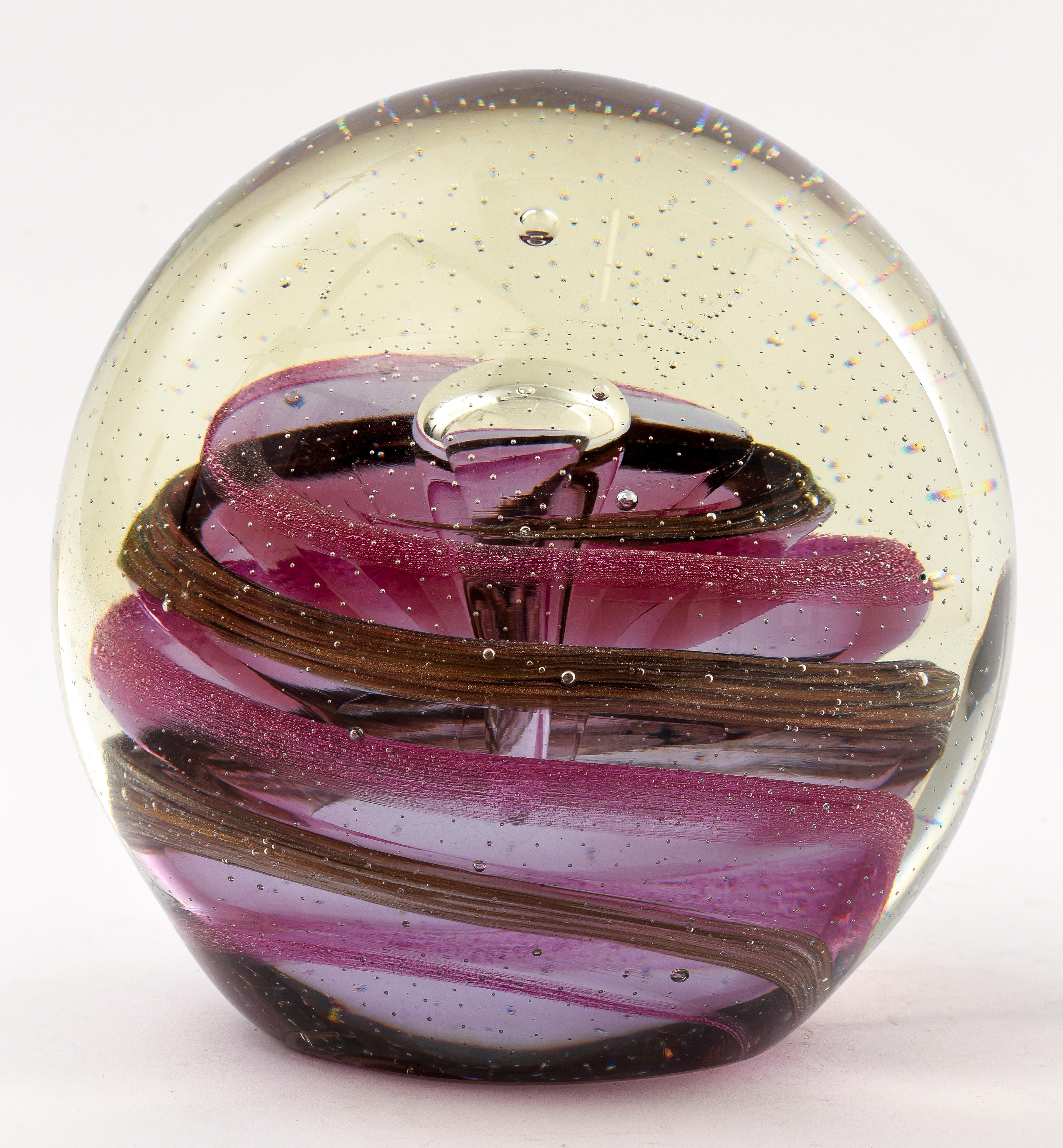 Modern large art glass studio paperweight sculpture, with encased glass in pink swirls with gold flecks and controlled bubbles. Measures: 7
