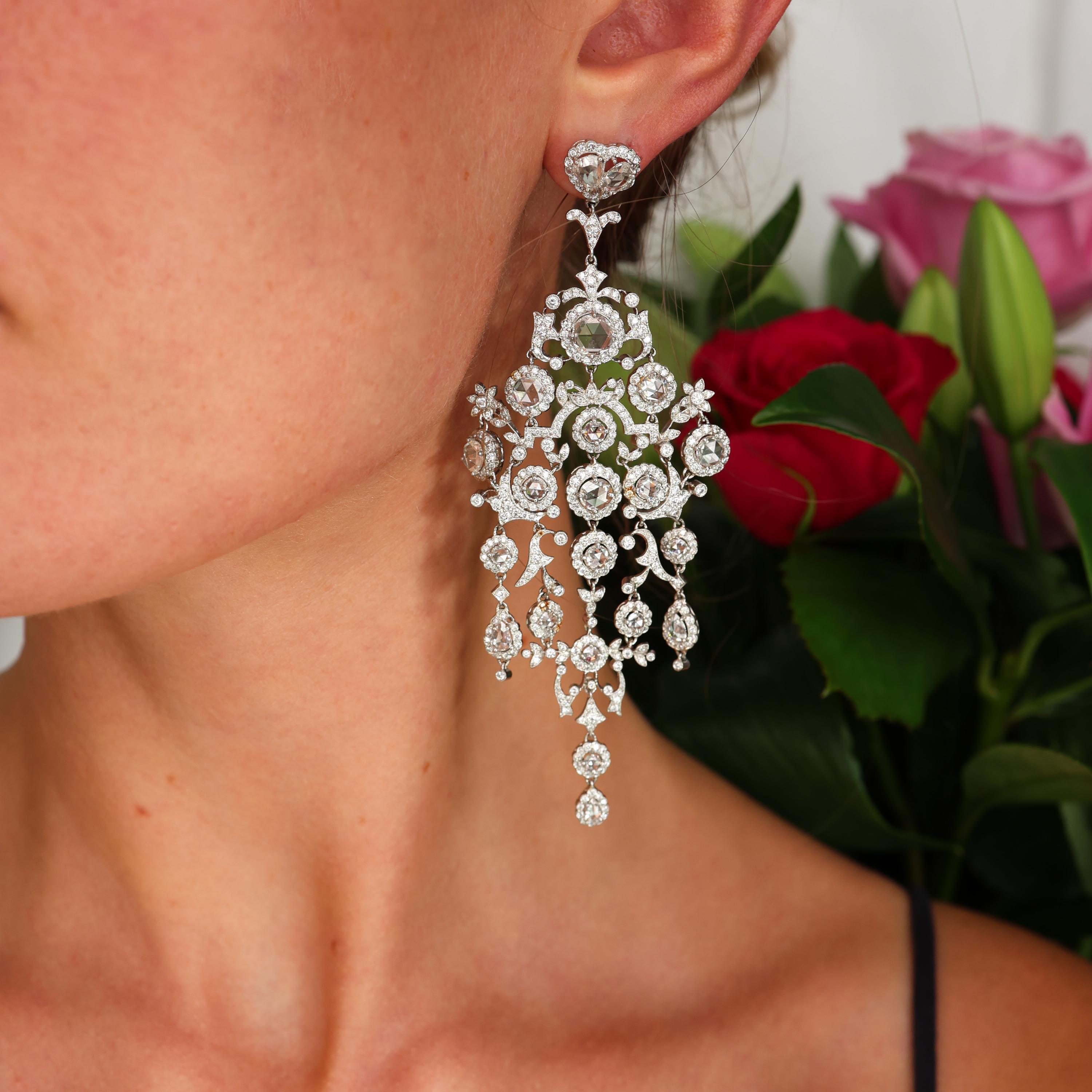 Round Cut Modern Large Diamond And Platinum Chandelier Earrings, 15.26 Carats For Sale