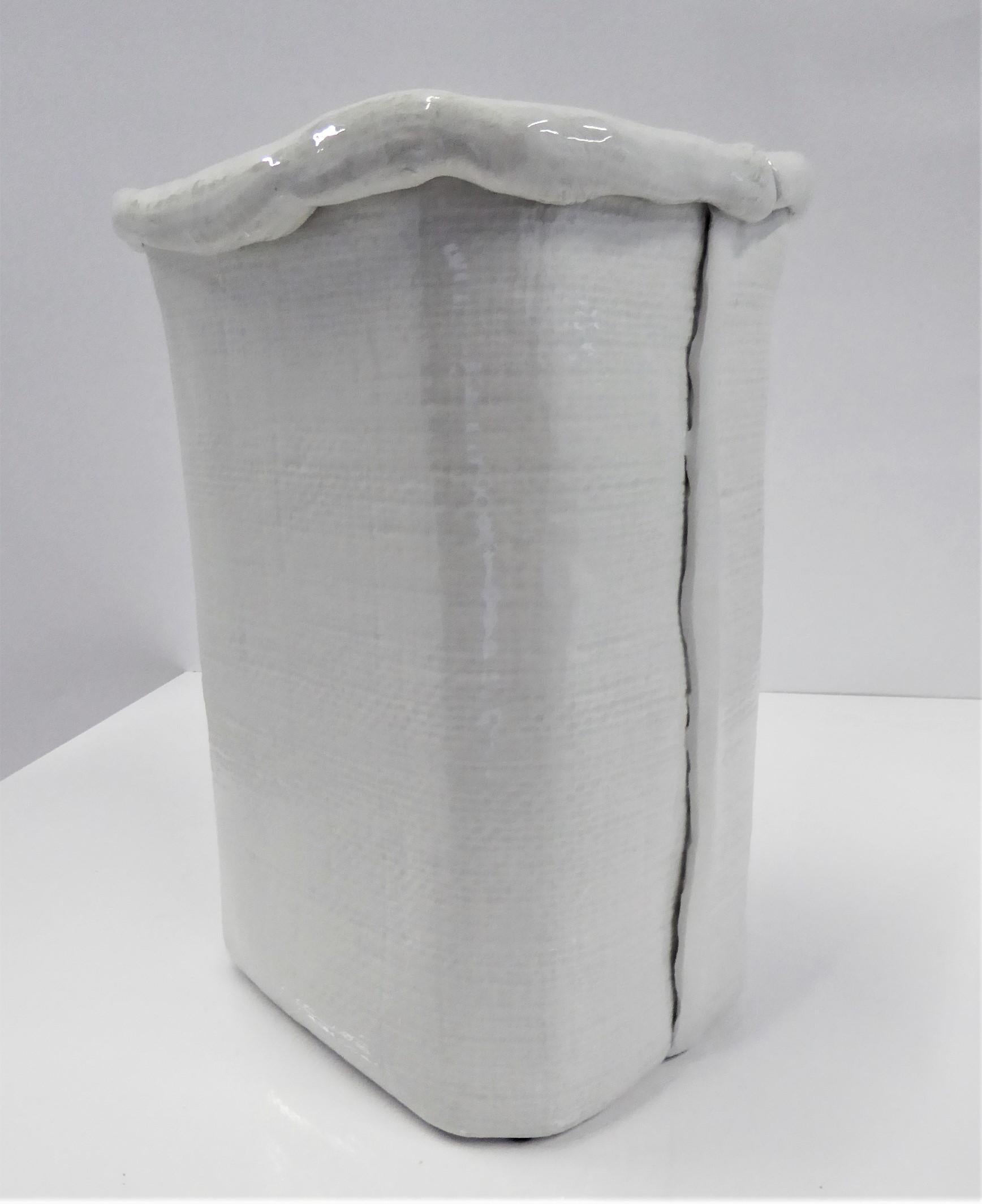 Italian Modern Large Hand Made Textured Ceramic Freeform Paper Bag Vase, Italy, 1970s