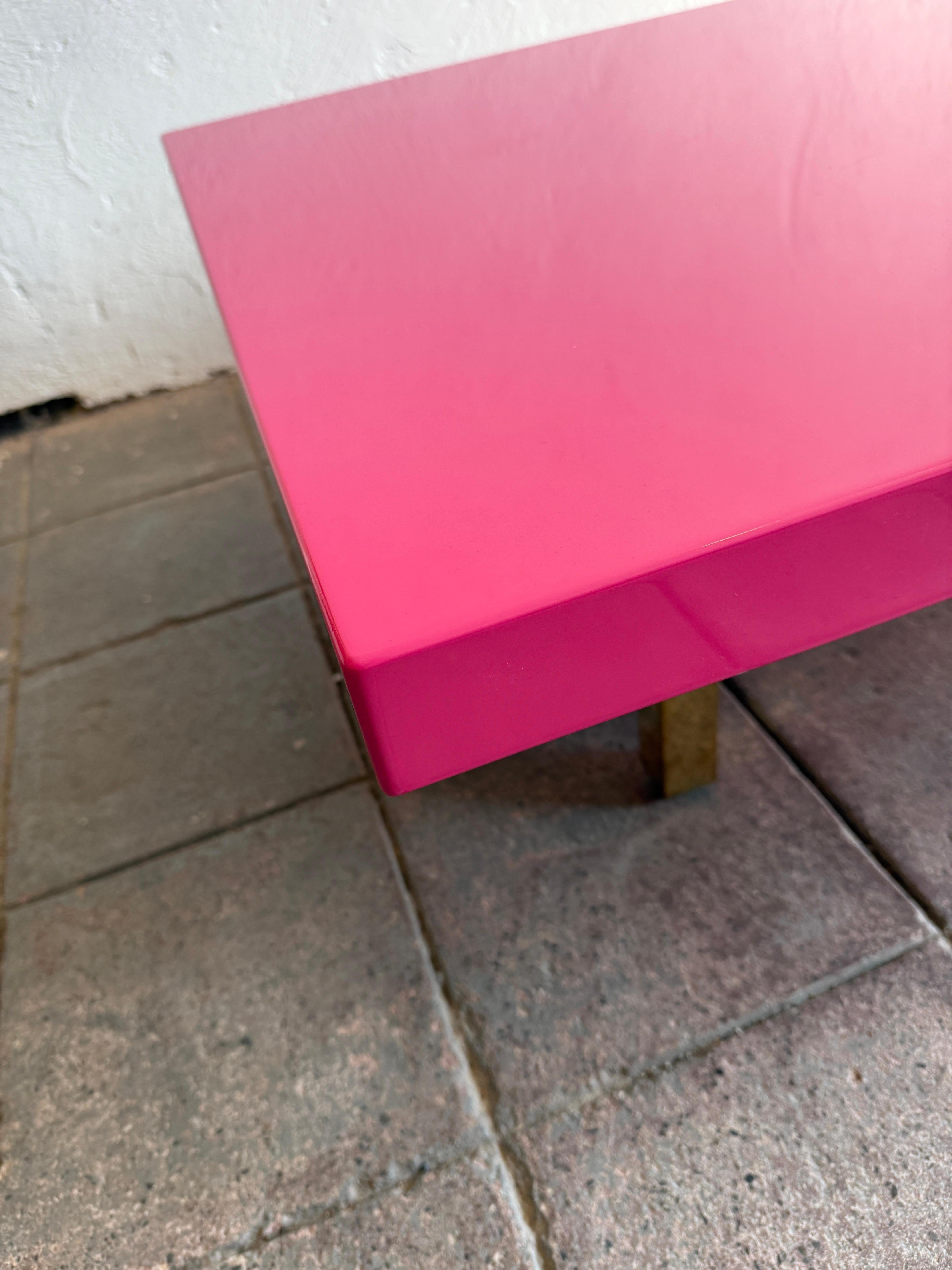 Woodwork Modern large low bright pink high gloss lacquer coffee table with brass legs For Sale