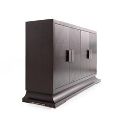 Modern Brown Oak Sideboard Credenza Cabinet with Brass Handles