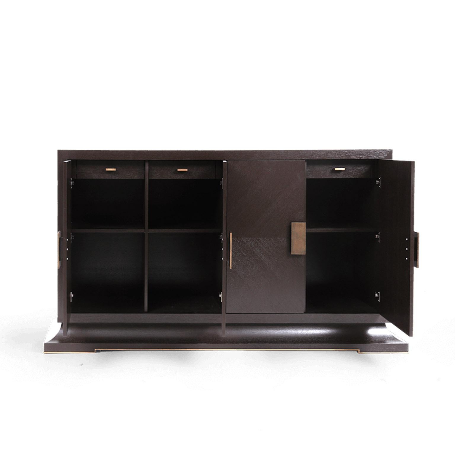 European Modern Brown Oak Sideboard Credenza Cabinet with Brass Handles  For Sale
