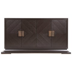 Modern Brown Oak Sideboard Credenza Cabinet with Brass Handles 