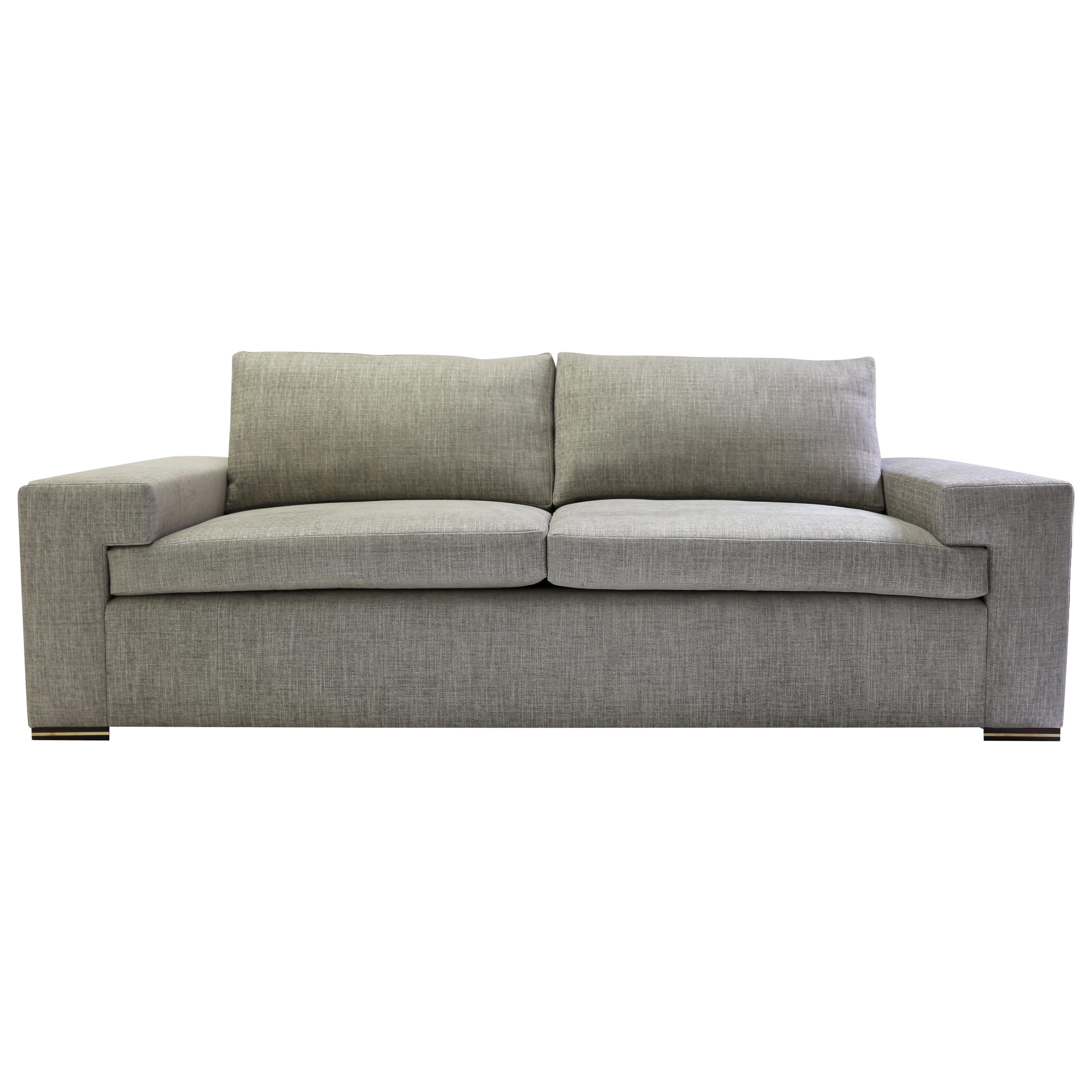 Modern Large Sofa with Large Pull Out Table and Metal Details on Wood Legs For Sale
