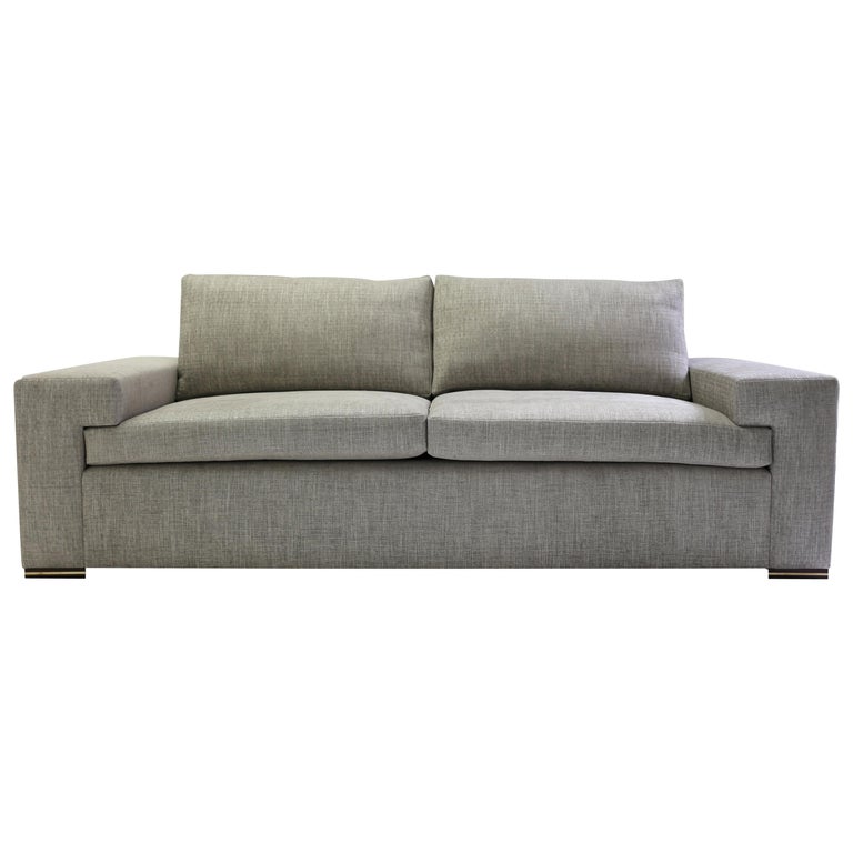 Modern Large Sofa with Large Pull Out Table and Metal Details on Wood Legs  For Sale at 1stDibs