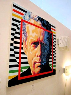 Modern Large Square Acrylic Painting on Canvas, France 1990s