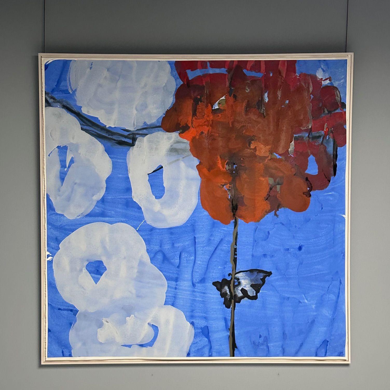 Contemporary, Large Modern Watercolor, Abstract Sky Painting, Blue, White Clouds, Red Flower

A large, abstract watercolor depicting a sky with clouds the Avon Products corporate collection. This work on paper has frayed edges and is suspended in