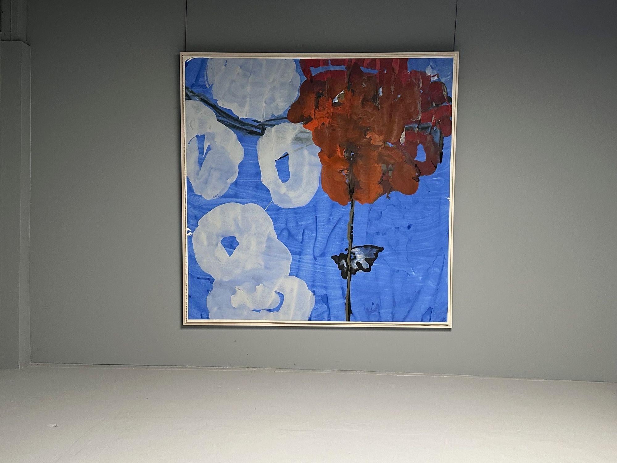 Moderne Grande aquarelle moderne, ciel bleu abstrait, flottant, encadrée, vers 1990 en vente