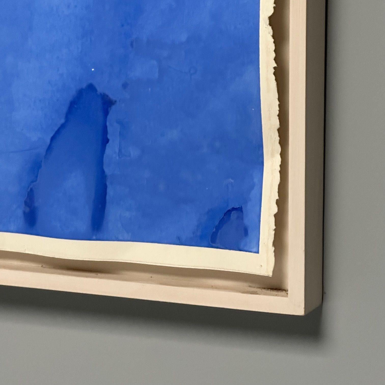 Peinture Grande aquarelle moderne, ciel bleu abstrait, flottant, encadrée, vers 1990 en vente