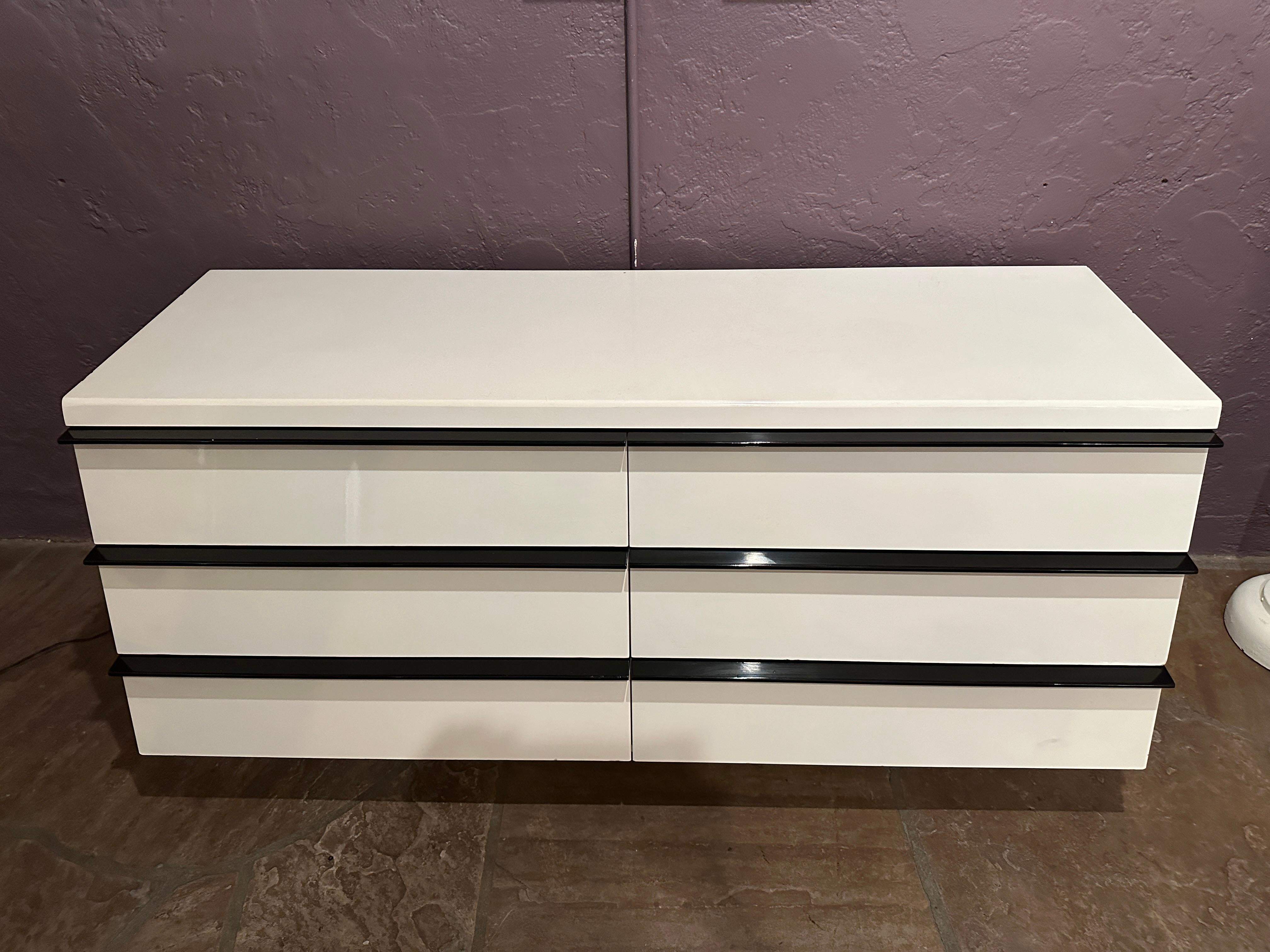 Lacquered Modern Large White Lacquer Dresser with Long Black Handles For Sale