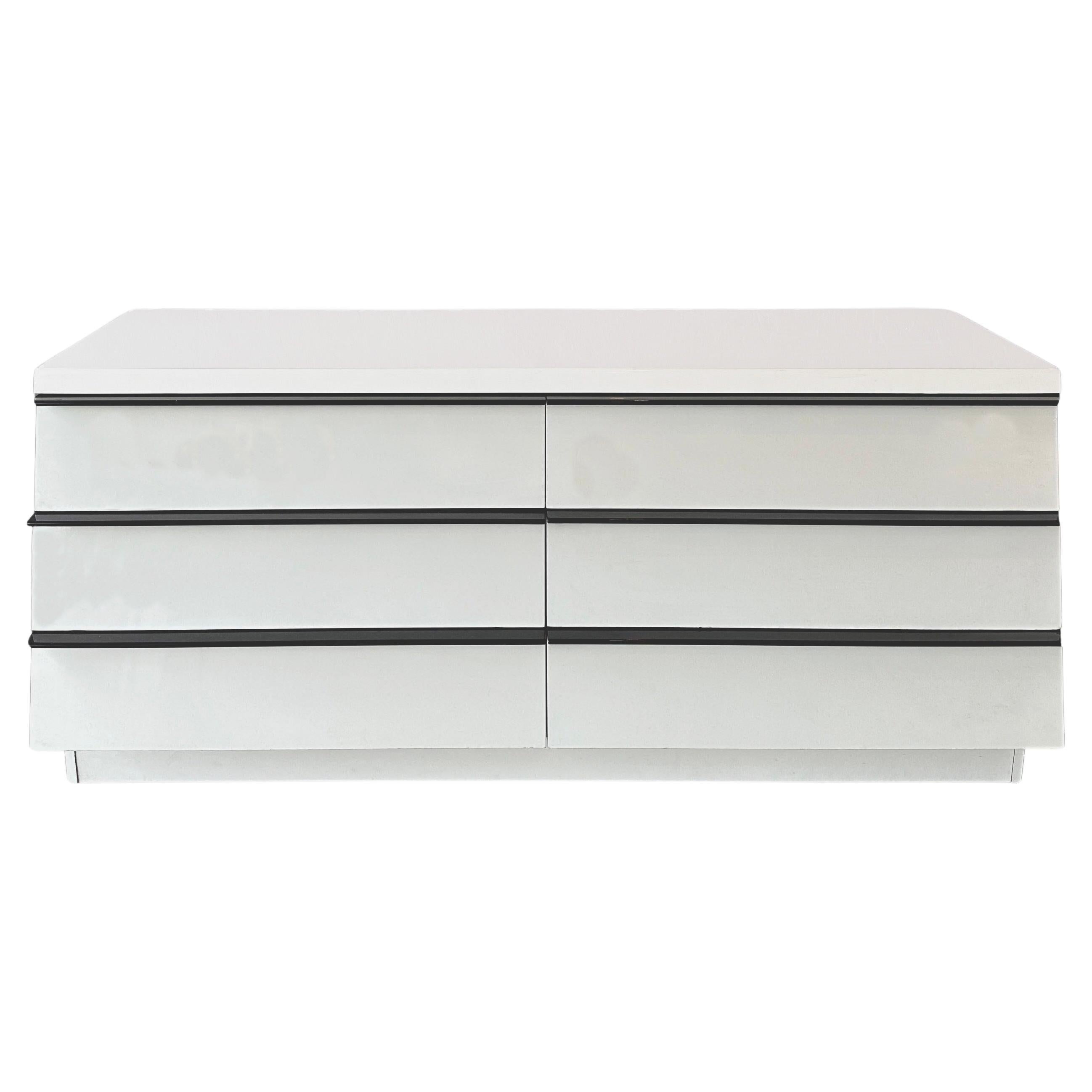 Modern Large White Lacquer Dresser with Long Black Handles For Sale