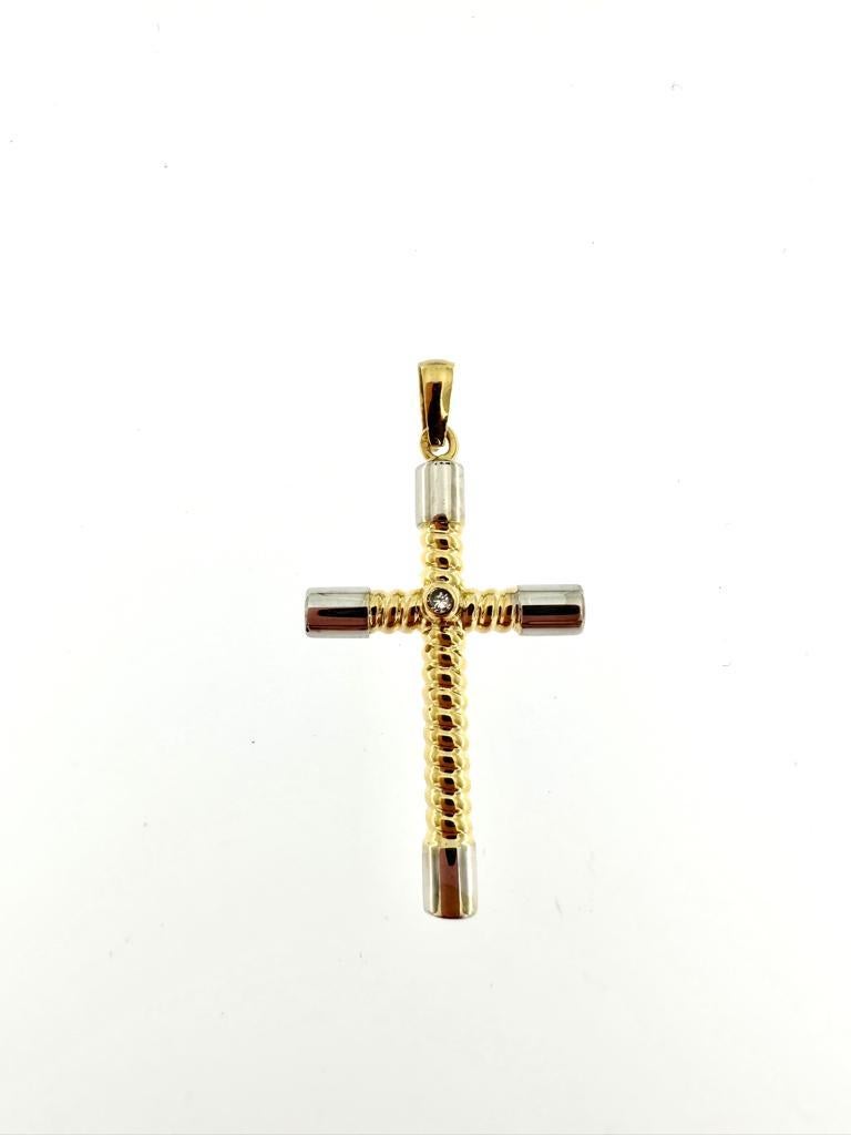 Women's or Men's Modern Latin Cross with Zircon 18 Karat Yellow and White Gold For Sale